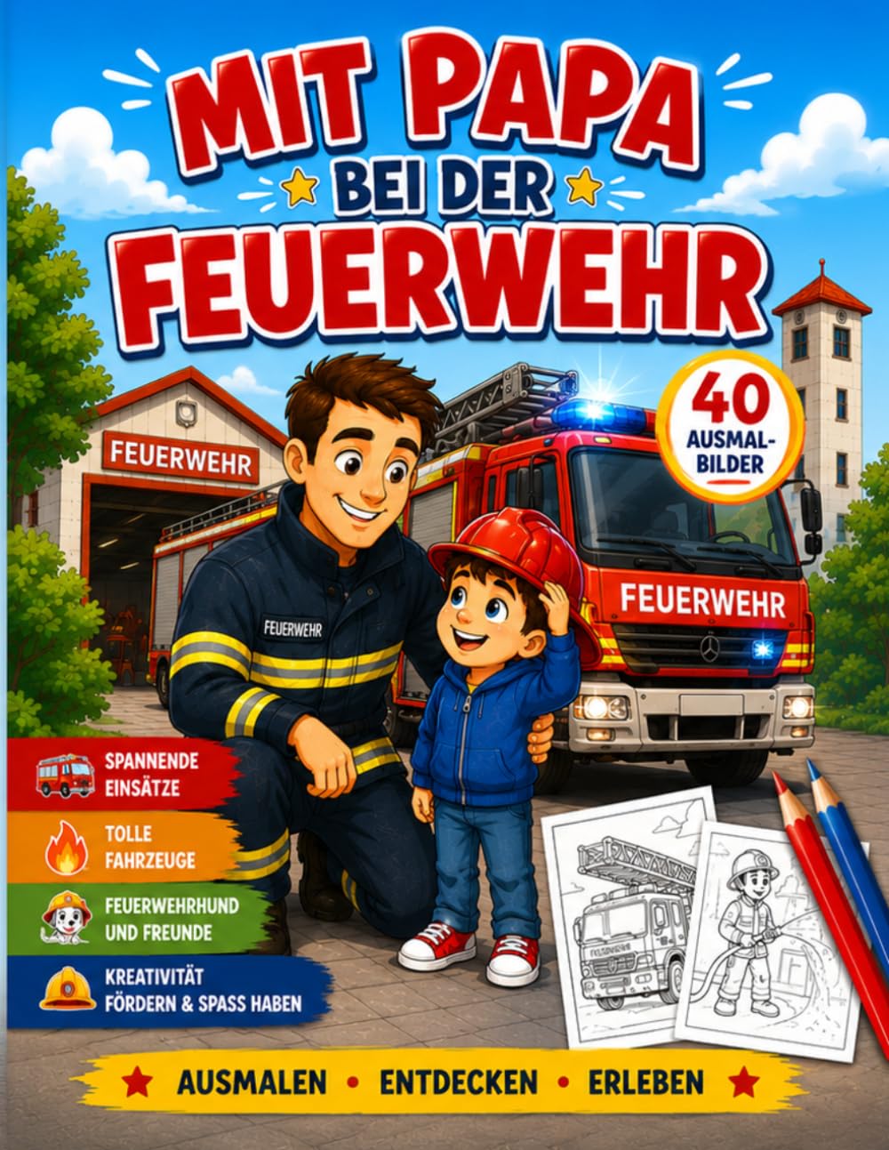 Mit Papa bei der Feuerwehr: Ausmalbuch für Kinder von 6 bis 8 Jahren mit Feuerwehrautos, Feuerwehrhund, spannenden Einsätzen und 8 Bonusseiten