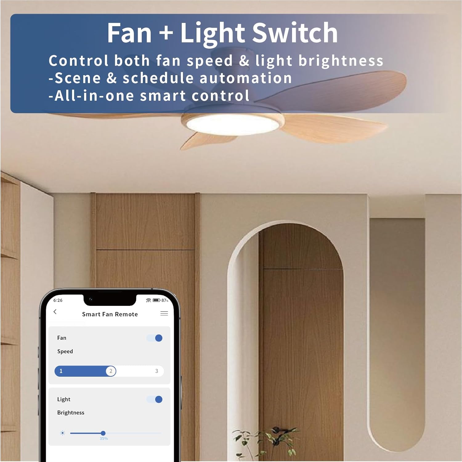 Smart Ceiling Fan Switch, WiFi 3-Speed Fan Controller, Compatible with Alexa and Google Home, Tuya/Smart Life APP Remote Control, Timer & Countdown Function, Neutral Wire Required, No Hub Needed