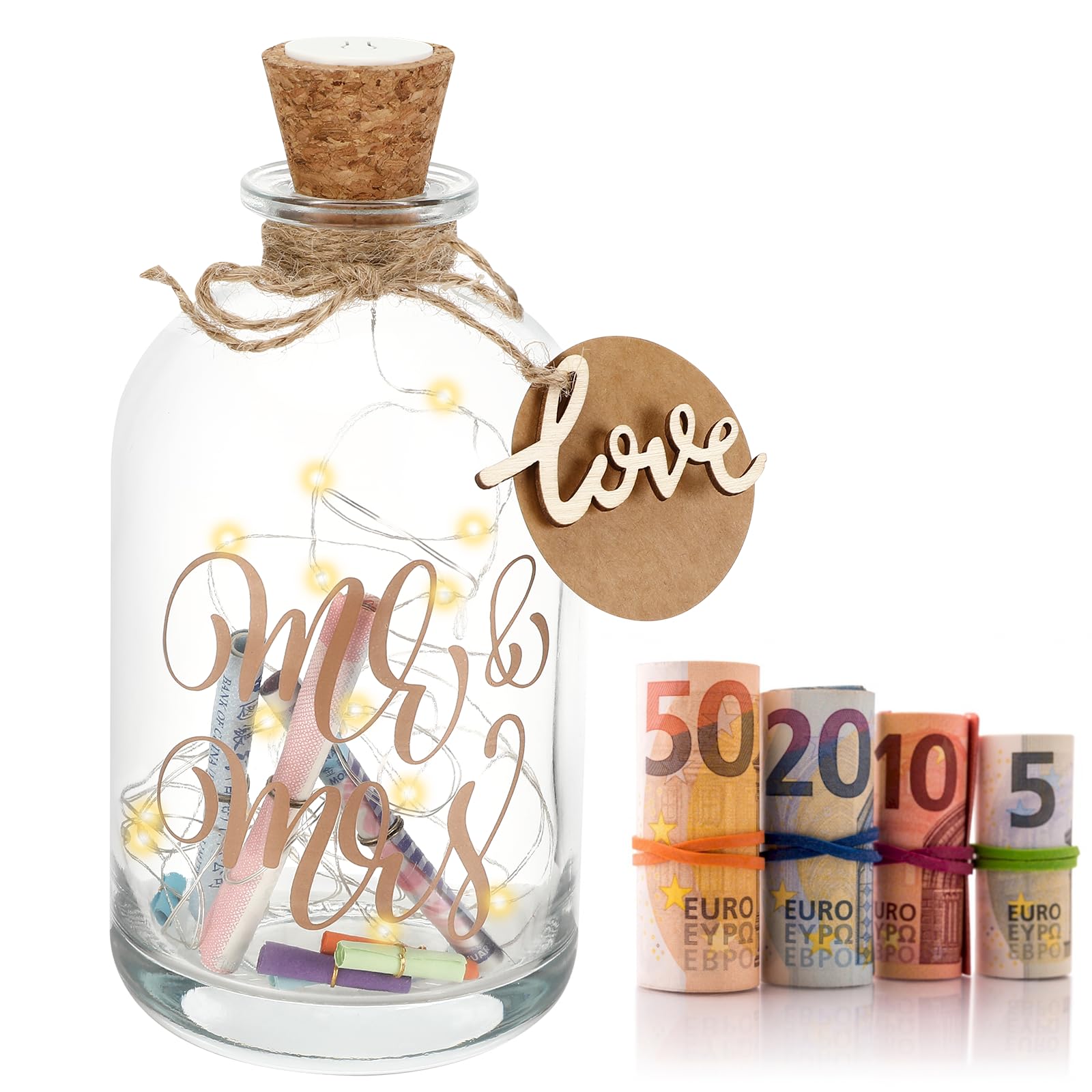 Farerkass Regalo de boda, dinero, regalos de boda para parejas de novios, luz LED, botella de luz, regalo de boda, regalo de boda, regalo de boda para novios, dinero en efectivo, caja de dinero para