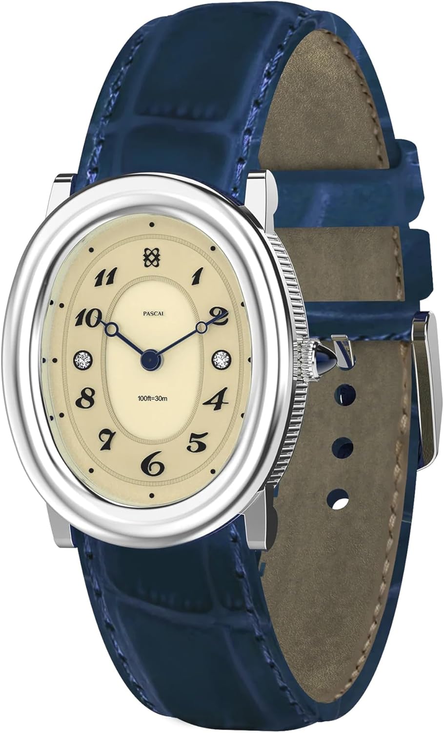 PASCAL Women's Oval Bubble Diamond Watch Leather Strap, Swiss Quartz Ladies Watches, Sapphire Crystal, Diamond Markers, Vintage-Inspired Dress Watch, 3ATM Waterproof (Gift for Her)