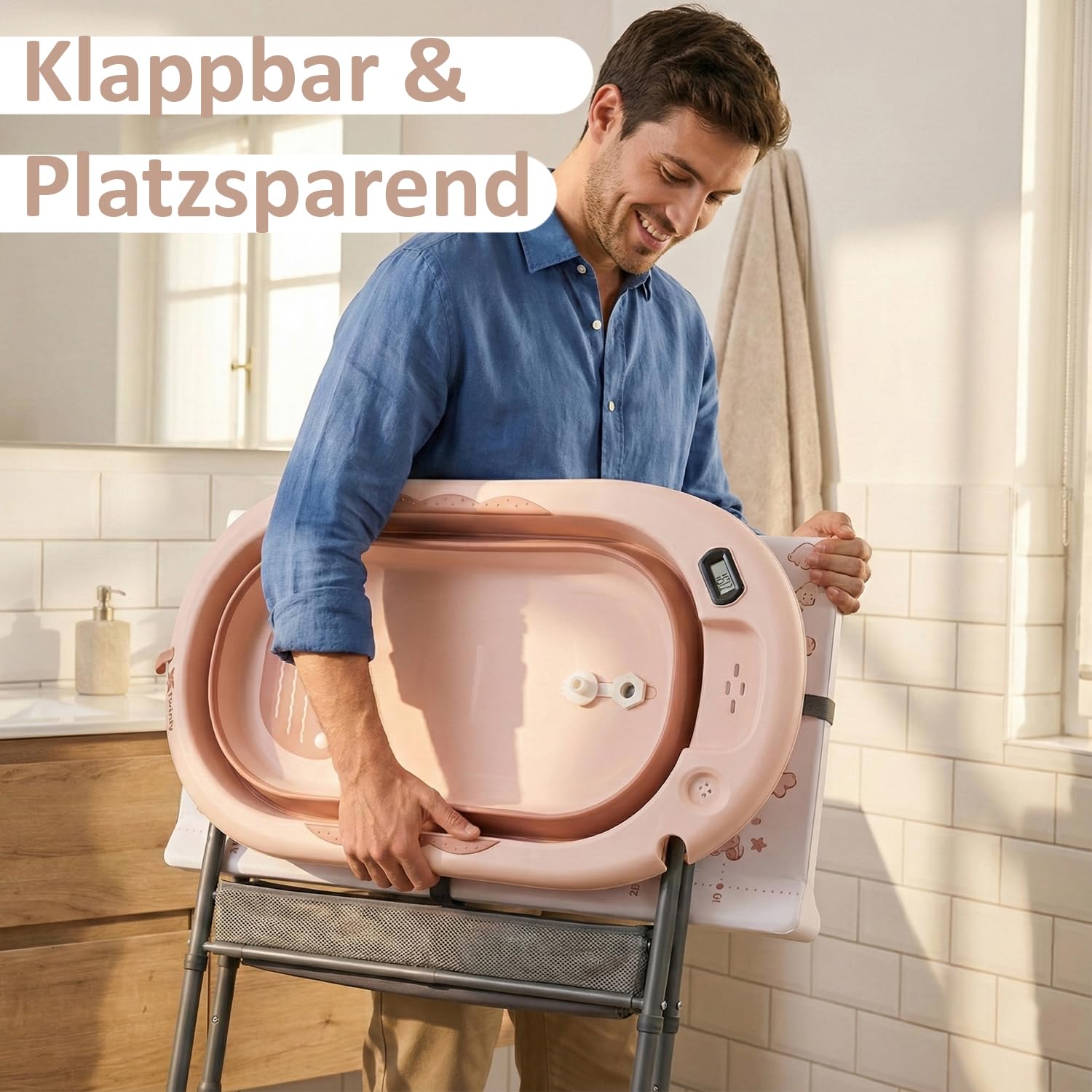Twinly Bubbly – Faltbare 2-in-1-Baby-Badewanne – Ergonomisch verstellbare Höhe, abnehmbare Badewanne für Strand und Reisen, stabiler Stand mit Ablauf, ideal für kleine Badezimmer (Rosa)