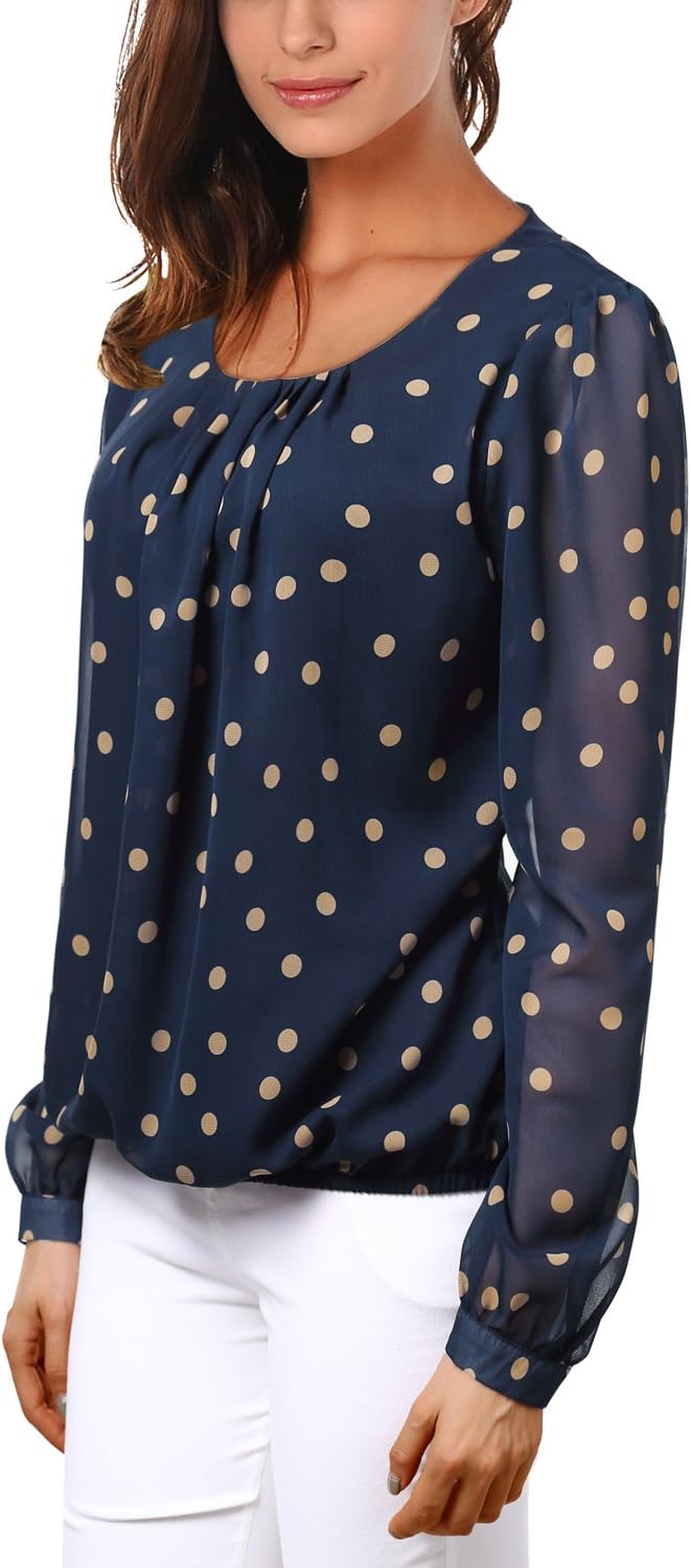 MeiC Women's Scoop Neck Long Sleeve Chiffon Blouse Top XX-Large Navy Polka Dot