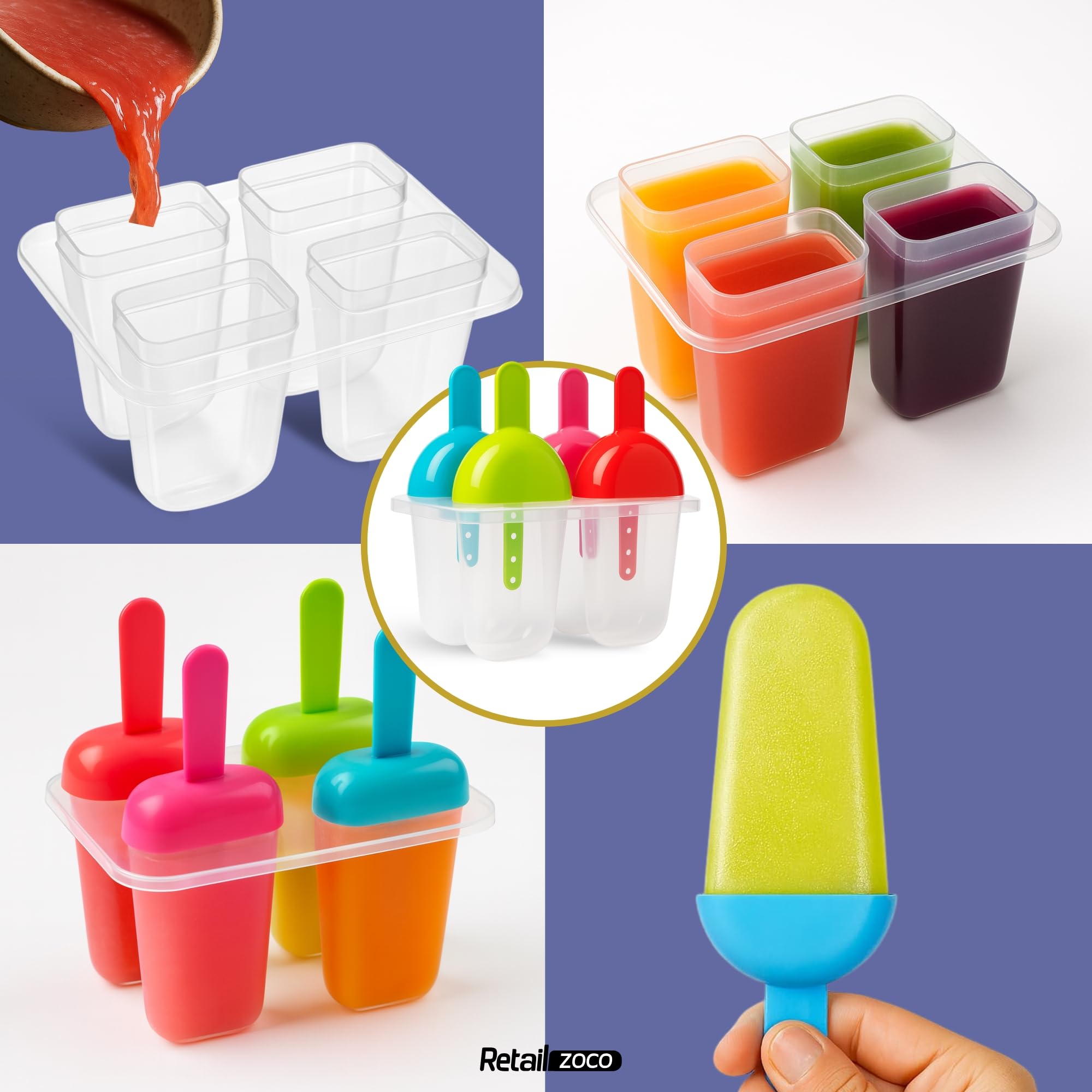 CHEFZOCO Molde Para Helados, Moldes para polos, Moldes para helados caseros, Moldes de verano, Moldes reutilizables para helados, Tamaño 15.5 cm, Reutilizable, Libre de BPA, Contiene 4 moldes
