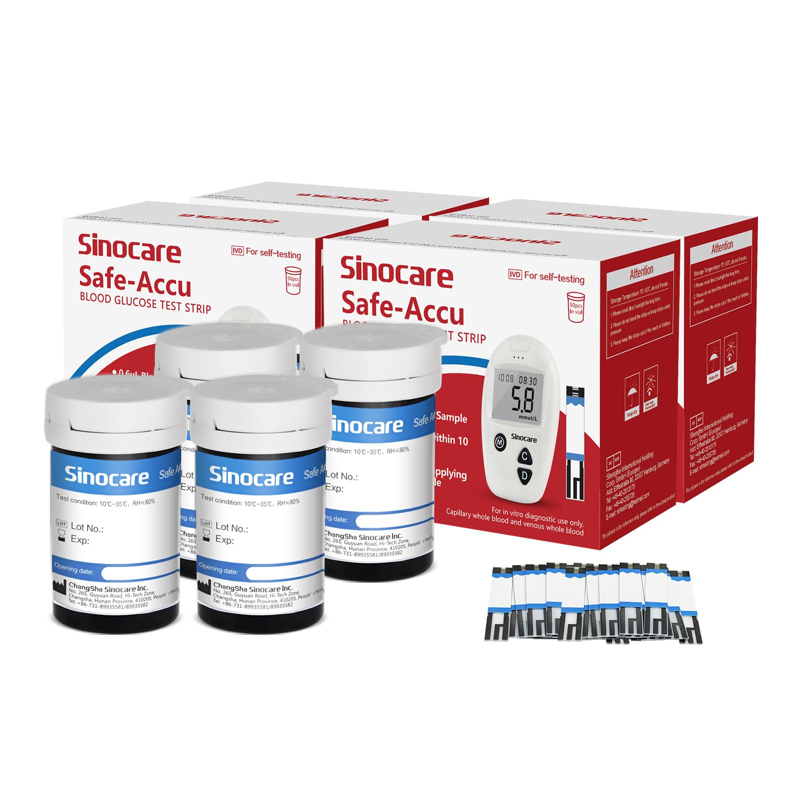 sinocare Tiras Glucosa sin Lancetas, 200 x Tiras de Prueba de Glucosa solo para sinocare safe-accu, Medidor de glucosa en sangre tiras de prueba diabetes strips reactivas Certificado ClimatePartner