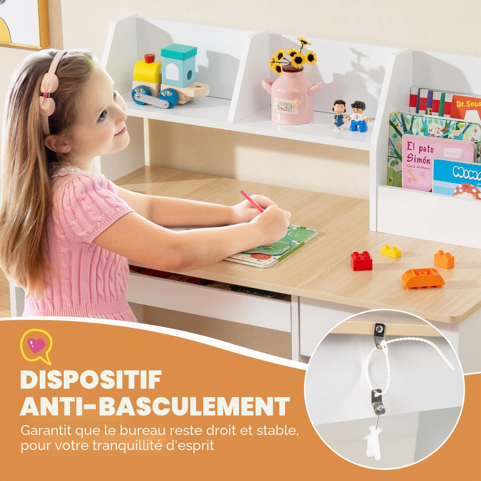 GOPLUS Table Enfant, Bureau Enfant en Bois avec Tiroir, 2 Étagères, Plateau à Clavier, 3 en 1 Bureau pour Fille Garcon avec Dispositif Anti-basculement, Naturel, 90X45X90CM