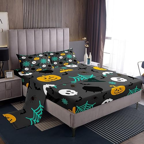 Erosebridal Juego de sábanas de telarañas para decoración de Halloween, juego de sábanas de murciélagos negros, luces de calabaza planas,