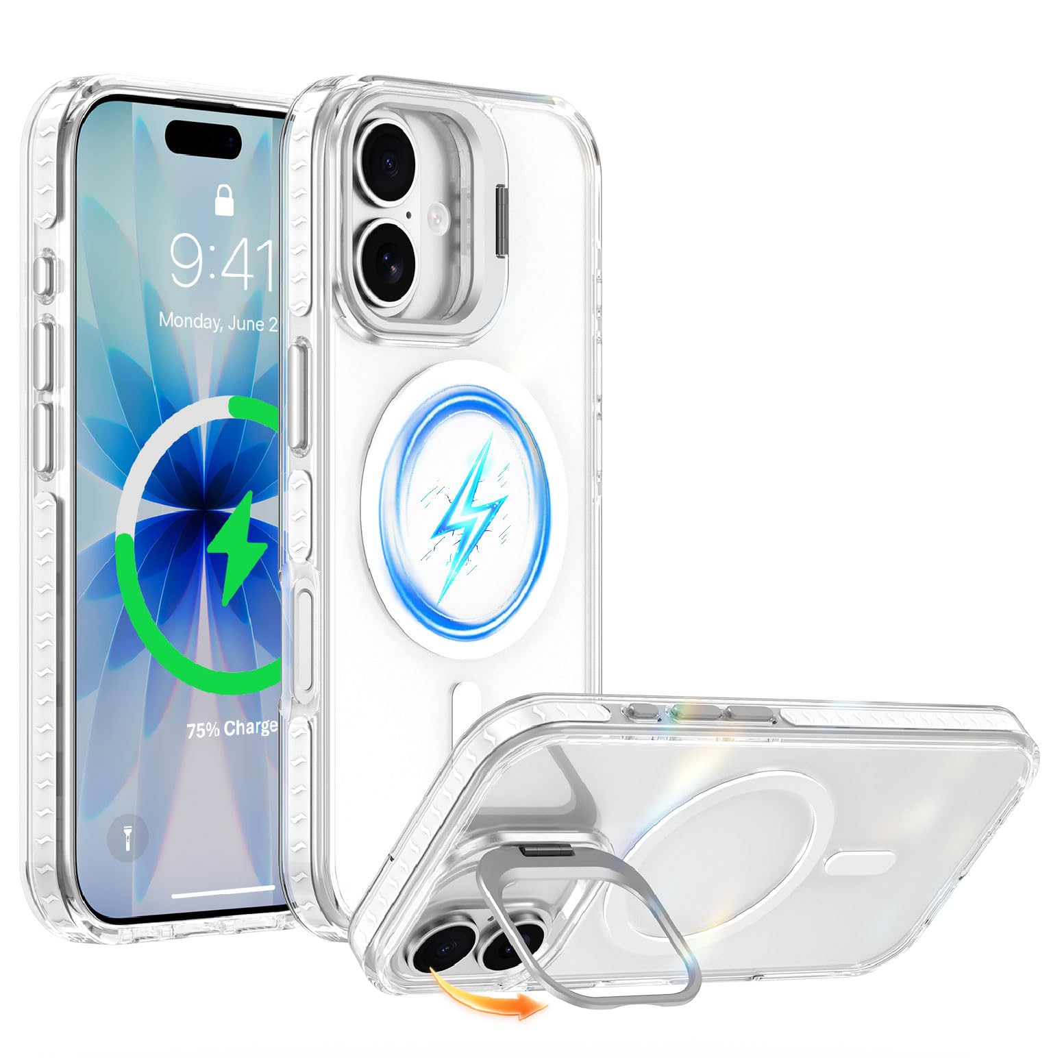 iCarez iPhone 17 用 ケース 3倍米軍MIL規格 カメラレンズスタンド付き 隠しスタンド 調整可能 透明 FJ-CXZJ-17