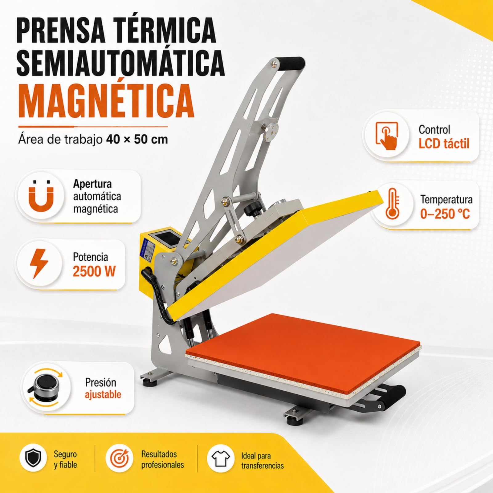 Pressa a Caldo Magnetica 40 x 50 cm 2500 W Semiautomatica LCD | Controllo 0-250 °C e 0-999 s, pressione regolabile, piano estraibile, per T-shirt e tessuti