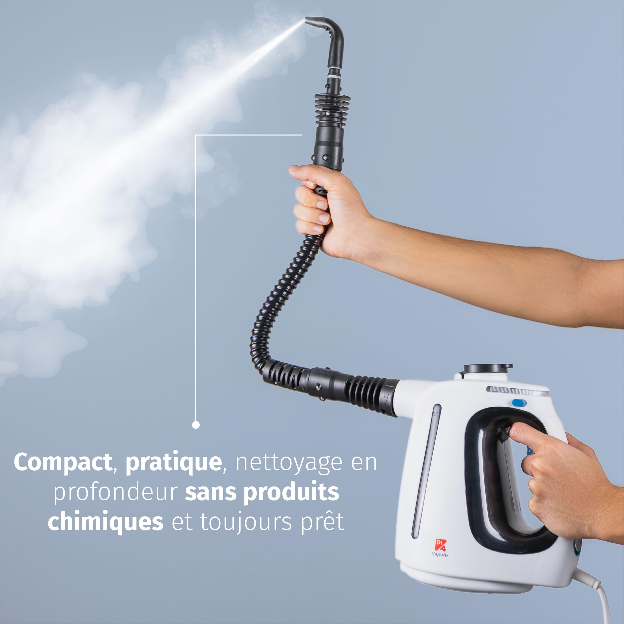 Di4 Vaporix Nettoyeur Vapeur à Main 1350W, Vapeur Continue 32 g/min, Chauffe 30s, 16 min de Vapeur, Réservoir 550 ml, Nettoyeur Vapeur Multifonction 9 Accessoires, Tuyau 3 m