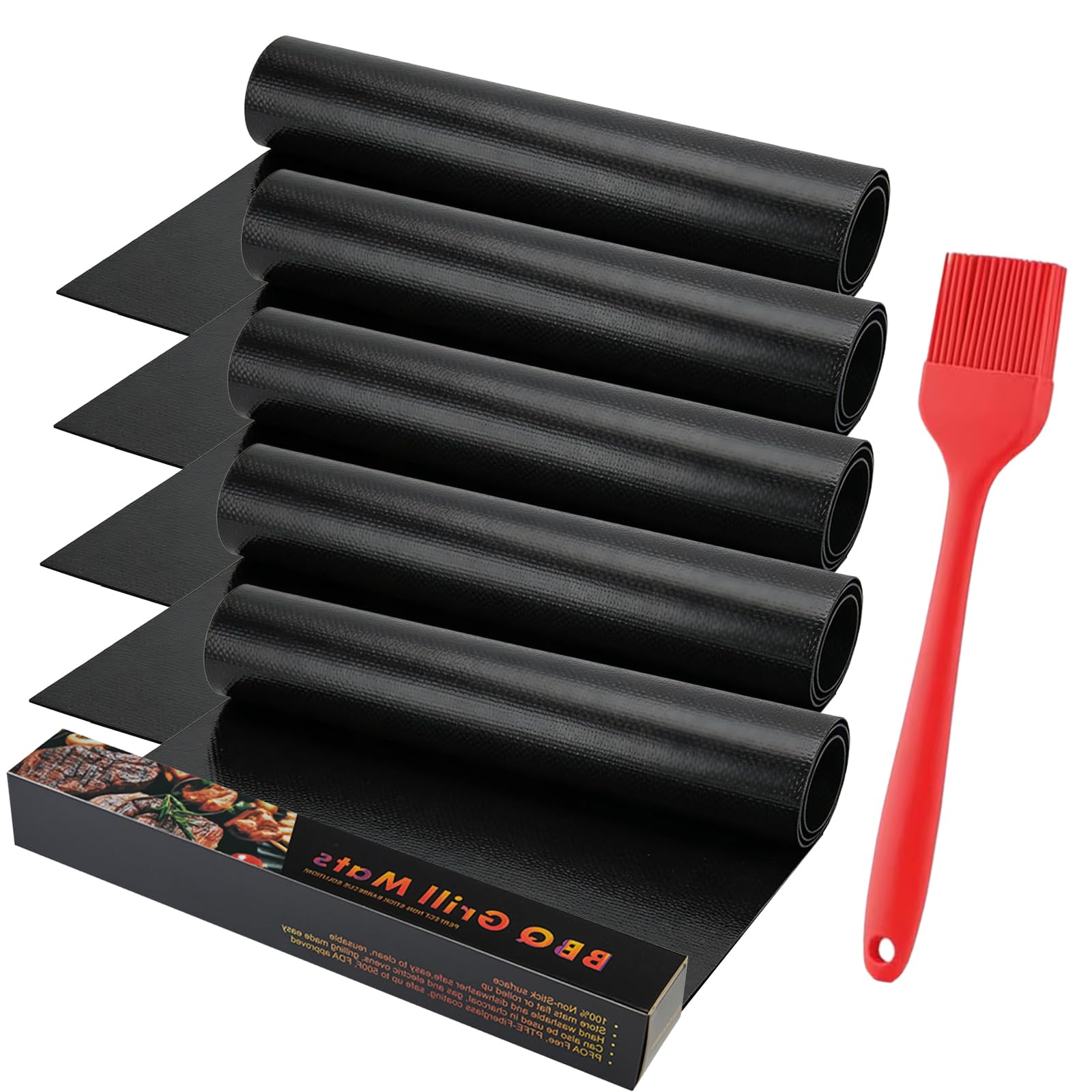 5 PCS Large Oven Liners 50 x 40 cm, Oven Liners for Fan Assisted Ovens Non Stick BBQ Mats for Gas Grill Reusable Baking Sheet Black with BBQ Brush