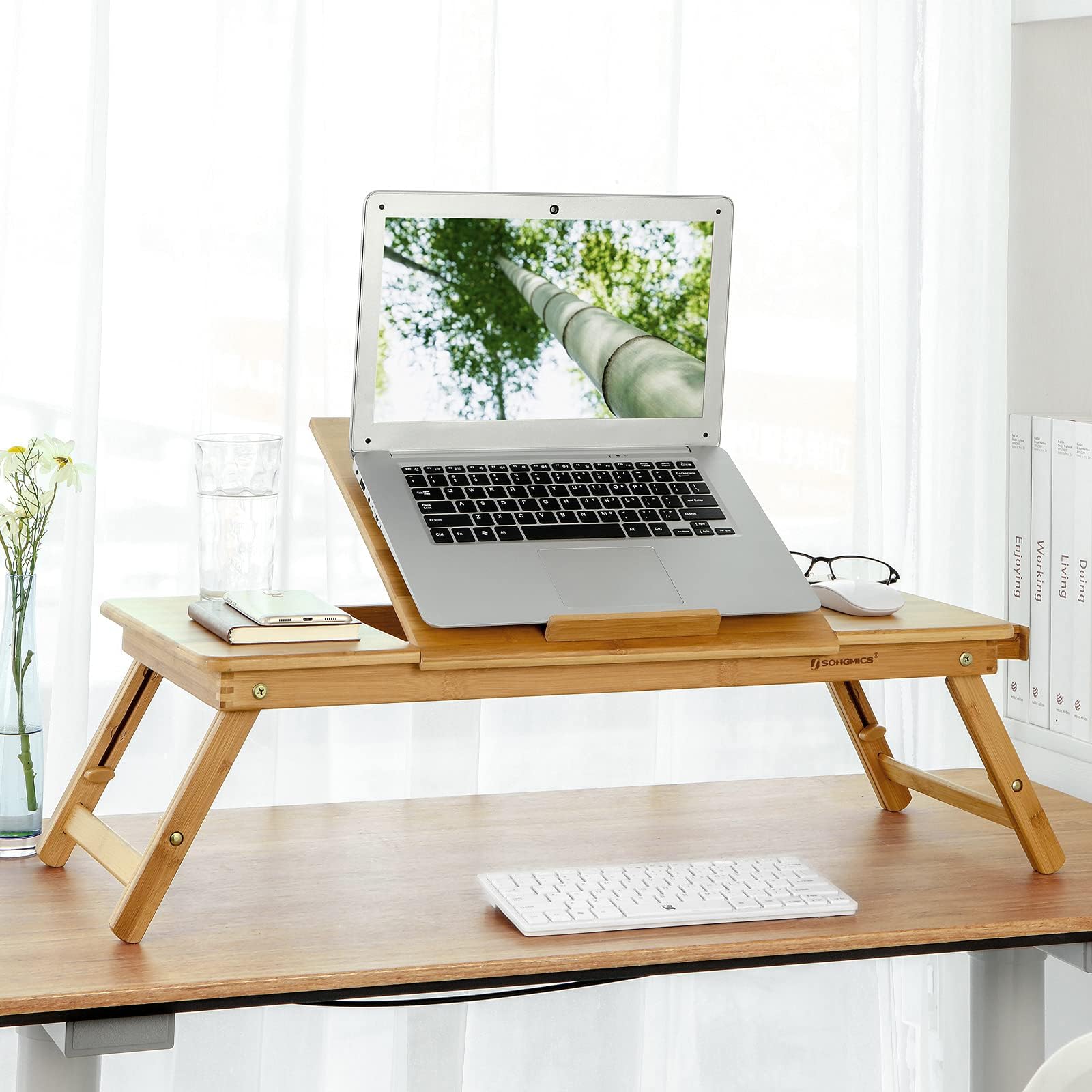SONGMICS Bamboo Laptop Desk, Foldable Bed Table, for Left-hander, Right-hander, Height Adjustable Sofa Tray, 72 x (21-29) x 35 cm (B x H x T), with 5 Tilting Angles, Air Holes, Small Drawer LLD004