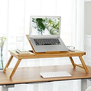 SONGMICS Bamboo Laptop Desk, Foldable Bed Table, for Left-hander, Right-hander, Height Adjustable Sofa Tray, 72 x (21-29) x 35 cm (B x H x T), with 5 Tilting Angles, Air Holes, Small Drawer LLD004