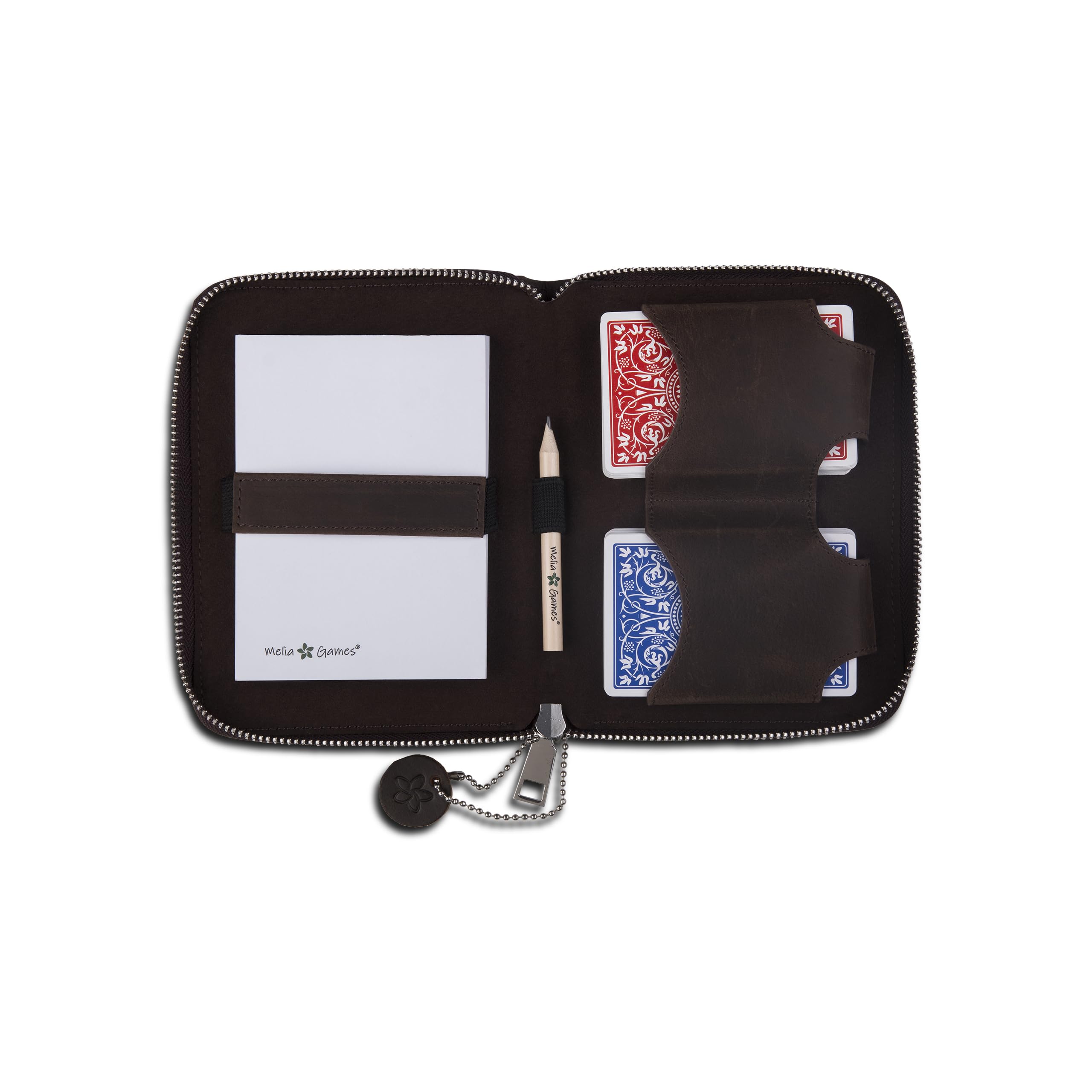 B-Ware Spielkarten Set Deluxe - Hochwertiges Karten-Etui aus feinstem Leder - komplettes Set inklusive 2 Spielkartendecks, Notizblock und Bleistift (Dark Brown) - OPTISCHE MÄNGEL