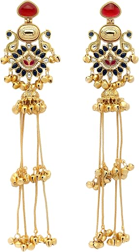 Zeneme Gold-Plated Kashmiri Earrings for Women Crescent Chandbali Design with Multi-Layer Ghungroo Tassels Jewelry For Wom...