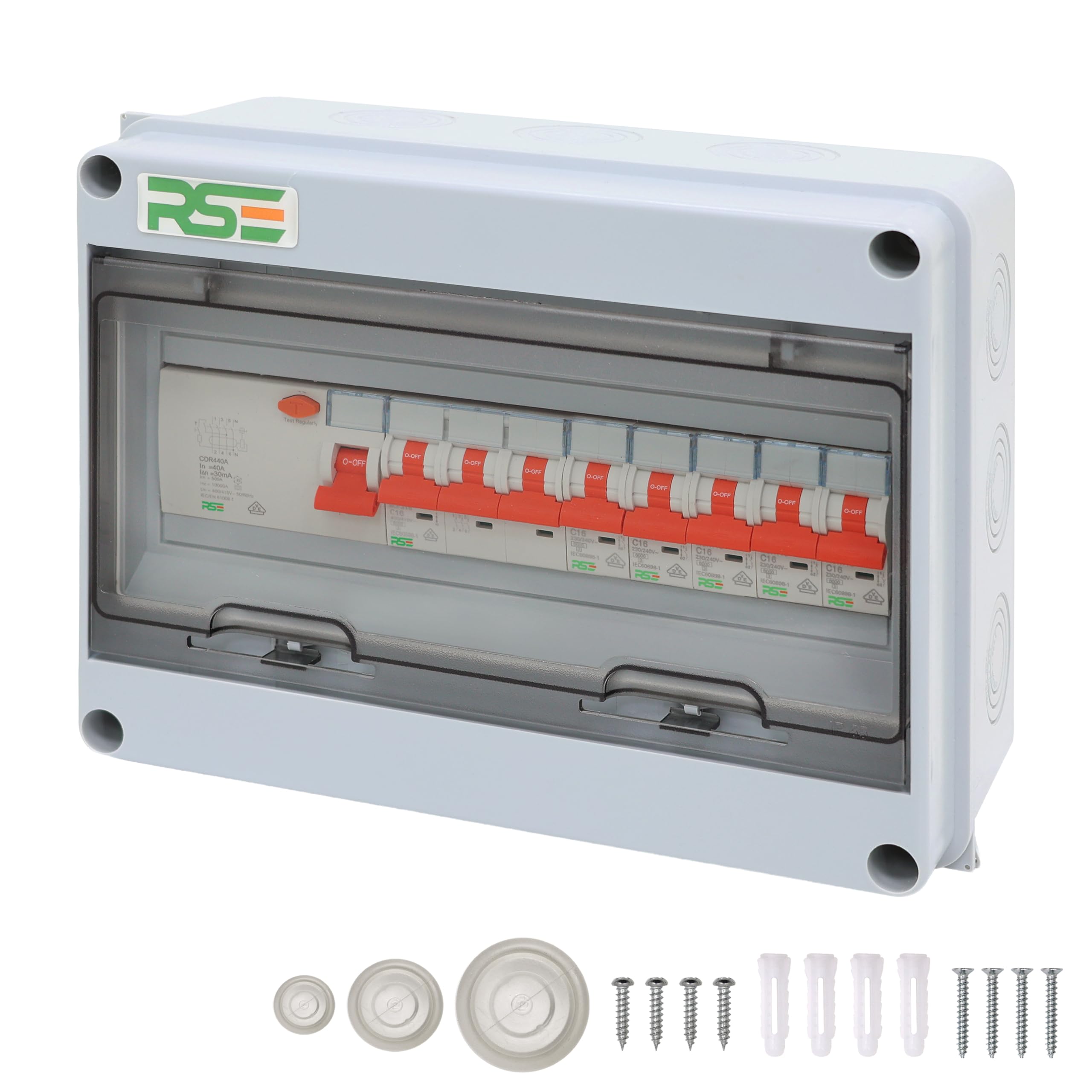 RSE Unterverteilung mit FI oder LS oder MID Zähler Stromverteiler Verteilerkasten Aufputz IP65, 5x LS 1P C16A, 1x LS 3P C16A, 1x FI 4P 40A, Aufputz 12 Module