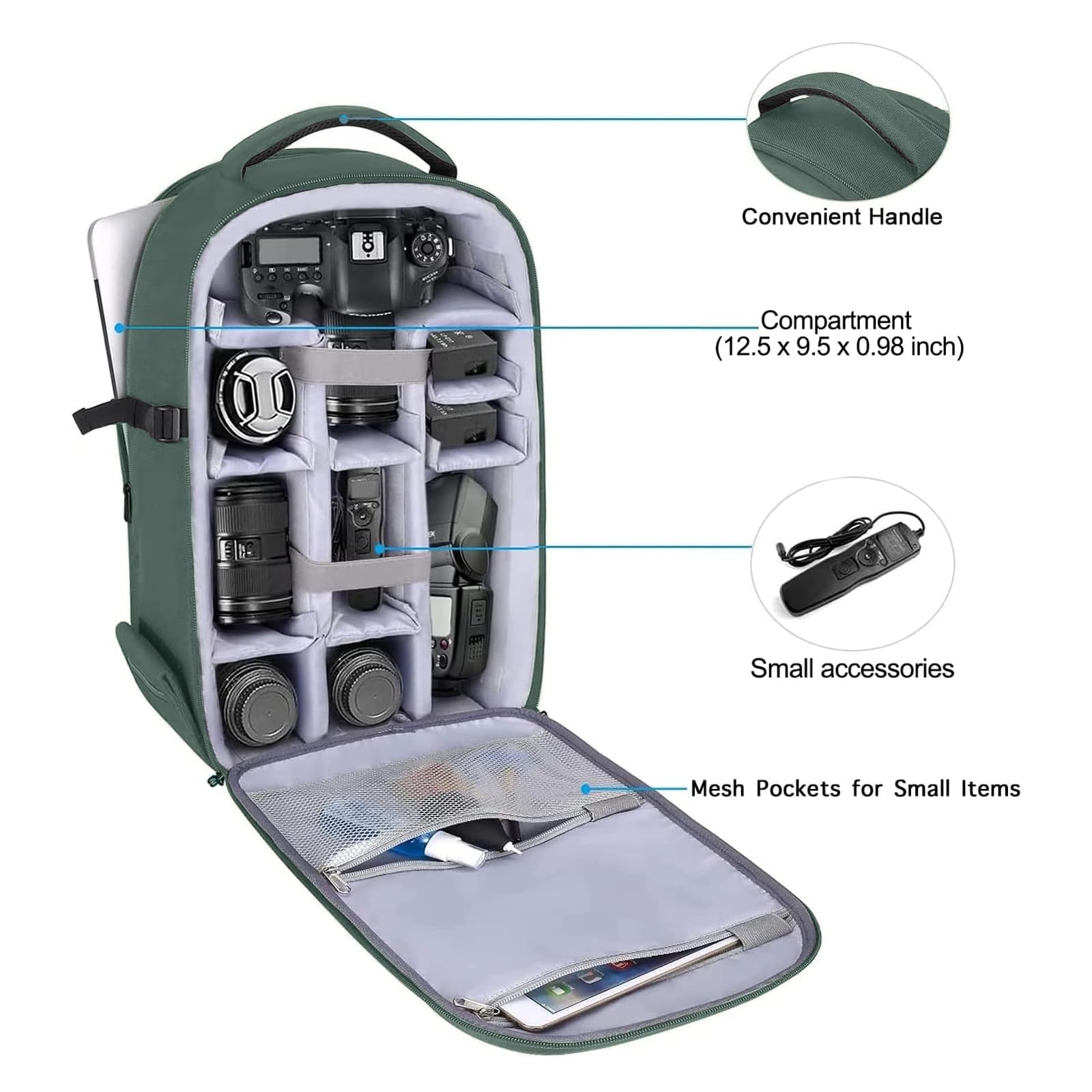 MOSISO Camera Mochila, DSLR/SLR/Mirrorless Fotografía Cámara Bolsa Abierto Total Impermeable Funda Dura con Inserto&Soporte Trípode&Laptop Compartimento Compatible con Canon/Nikon/Sony,Verde Esmeralda