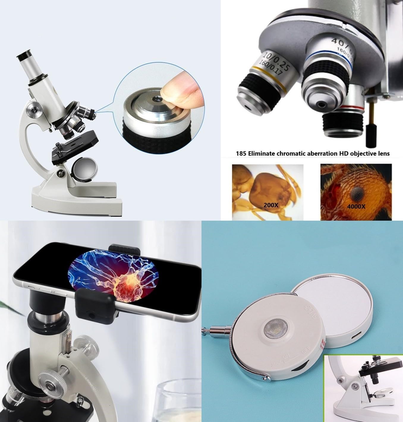 Microscope-200-4000X Magnification,Biological Educational Microscope for Students and Adults,with Phone Clip,Biological Specimen and Fill Light,Metal material(white) - Image 3