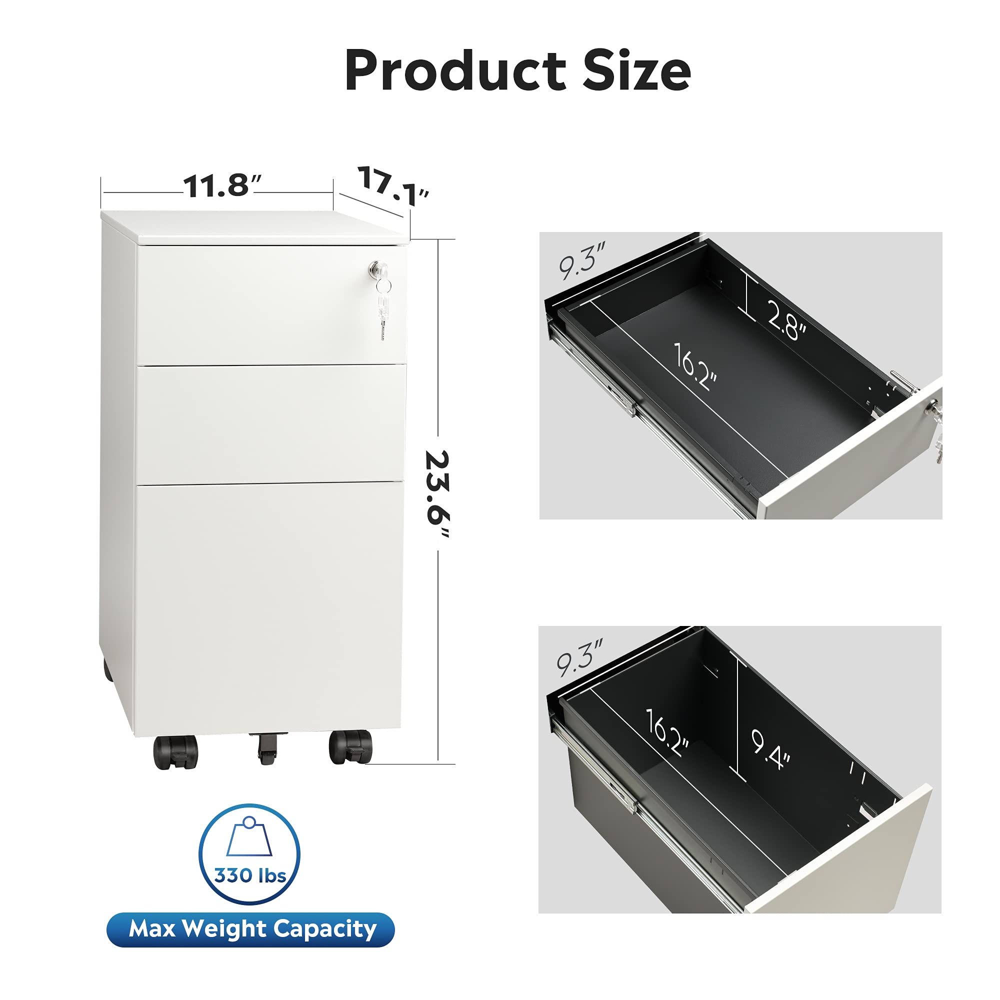 DEVAISE 3 Drawer Vertical File Cabinet, Mobile Filing Cabinet with Interlock System for Home Office, White