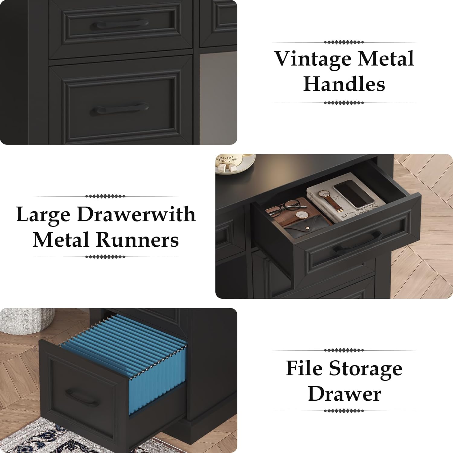 Vabches Farmhouse 59'' Executive Desk with File Drawers,Large Wood Home Office Workstation with Ample Storage,Rustic Writing Desk for Study.Black