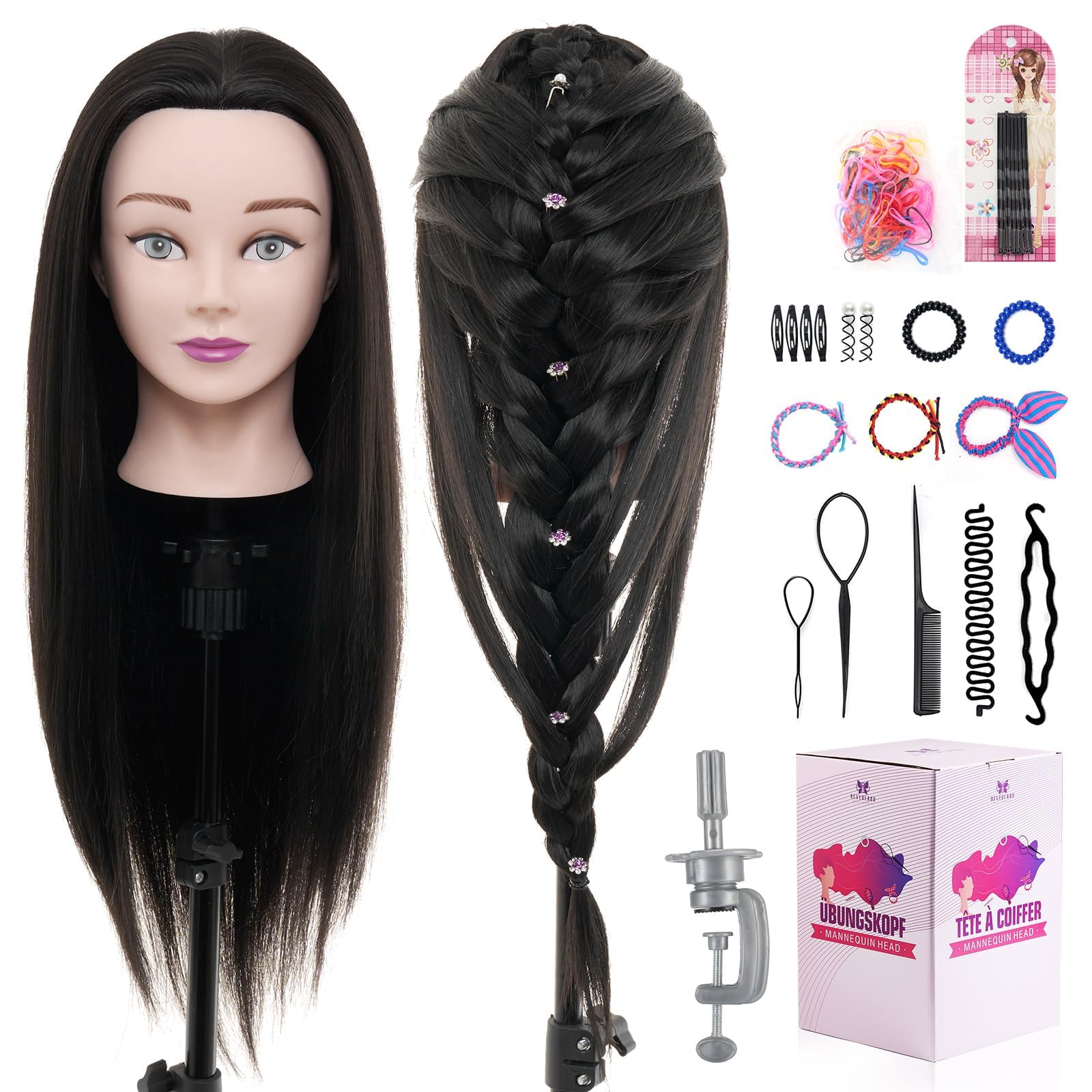 Neverland Beauty & Health 24 inch 50% Real Human Hair Mannequin Head Hairdressing Cosmetology Mannequin Head With Braid Set Mannequin Stand(Black)
