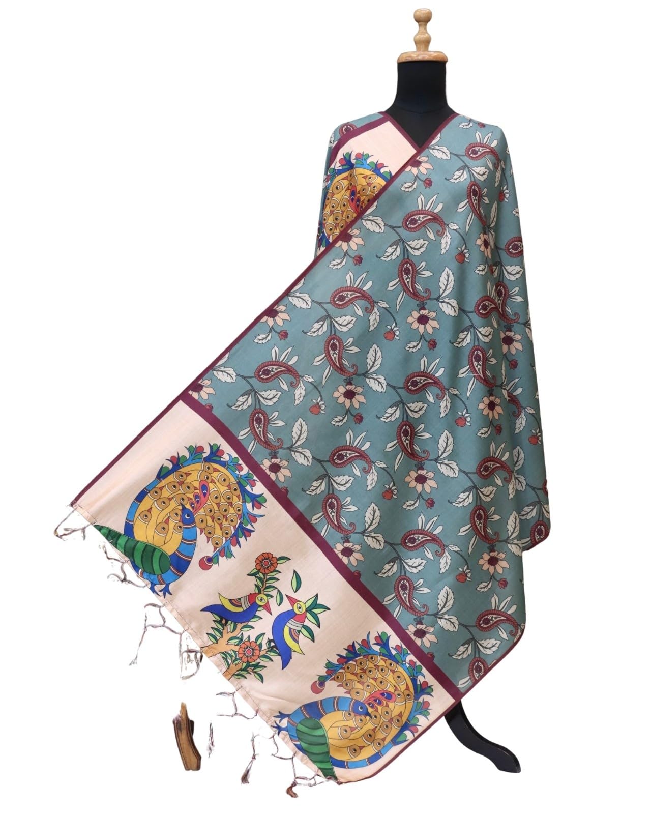 Women’s Malai Silk Dupatta Floral Kalamkari Paisley Prints Tassel Border Lightweight Ethnic Wear for Suits & Kurtis 2.25m-image-37