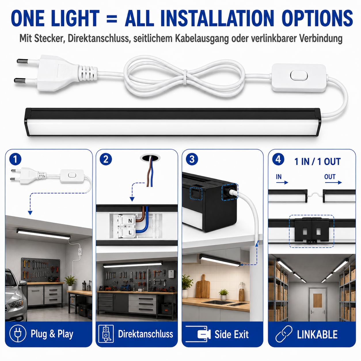BrightFly LED Lichtleiste Schwarz 120 cm 2er Pack mit EU-Stecker, 3 Farbtemperaturen 3000K/4000K/6500K, 3610 lm, Moderne Deckenleuchte für Küche, Garage, Keller und Werkstatt
