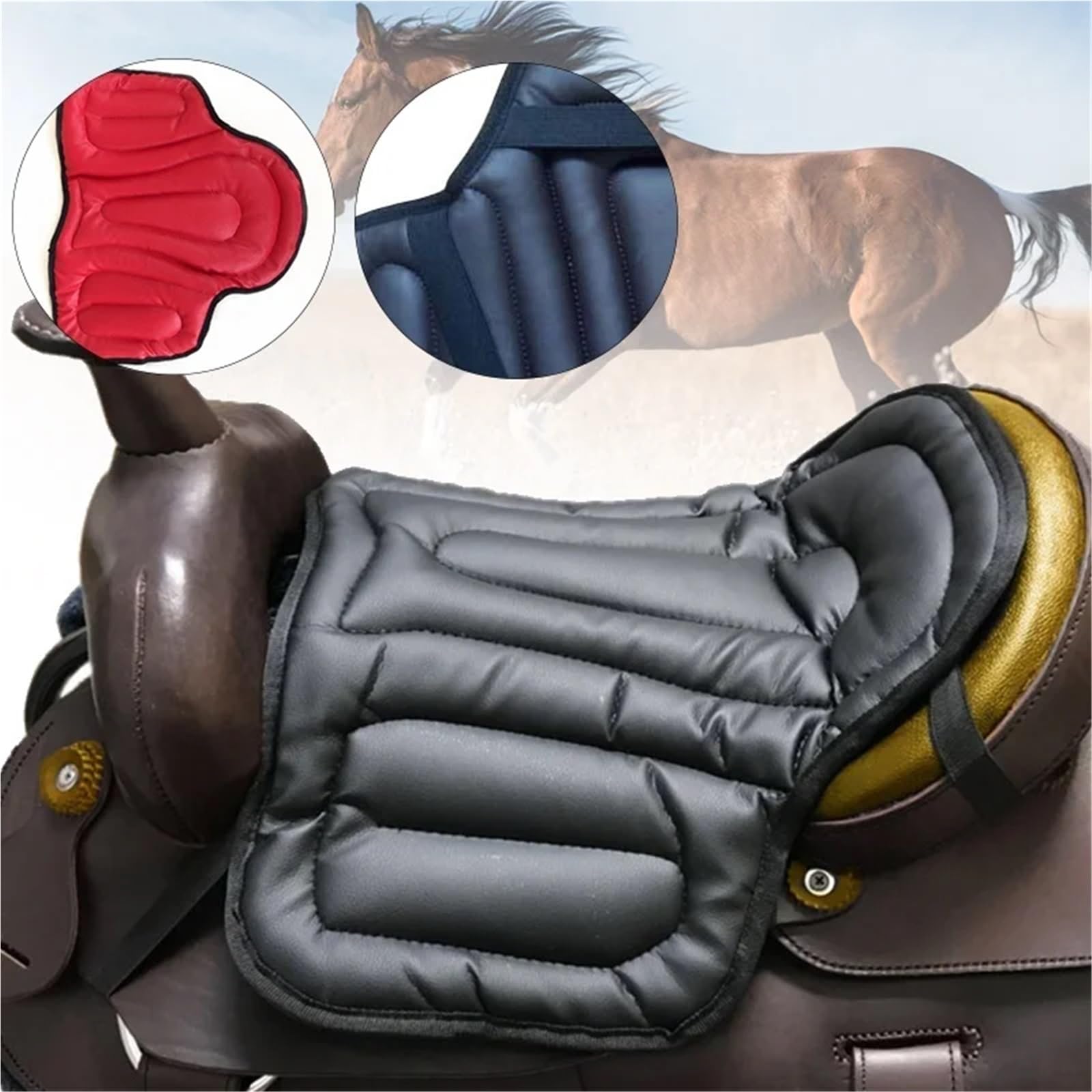 Podkładka pod siodło do jazdy konnej, Podkładka pod siodło dla konia PU Pianka zapamiętująca kształt Czarny Czerwony Jeździectwo(Black)