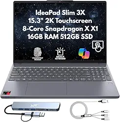 Lenovo IdeaPad Slim 3X Home Student Business Laptop 2025, 38.9 cm 2K (1920x1200) Touchscreen, 8-Core Snapdragon X X1-26-100, 16GB LPDDR5x RAM, 512GB SSD, FPReader, Wi-Fi 7, webcam, Copilot Windows 11