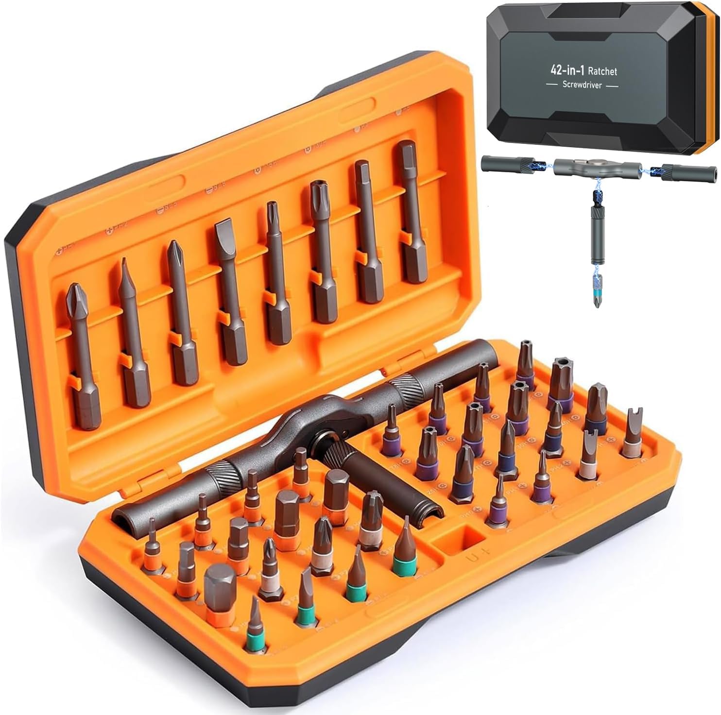 AMIR 42 in 1 Magnetic Screwdriver Set, Ratchet Screwdriver Set with Multi Bit, DIY Repair Tool Kit with Versatile T Handle for Furniture, Computer, Bicycle, Electronic Repair