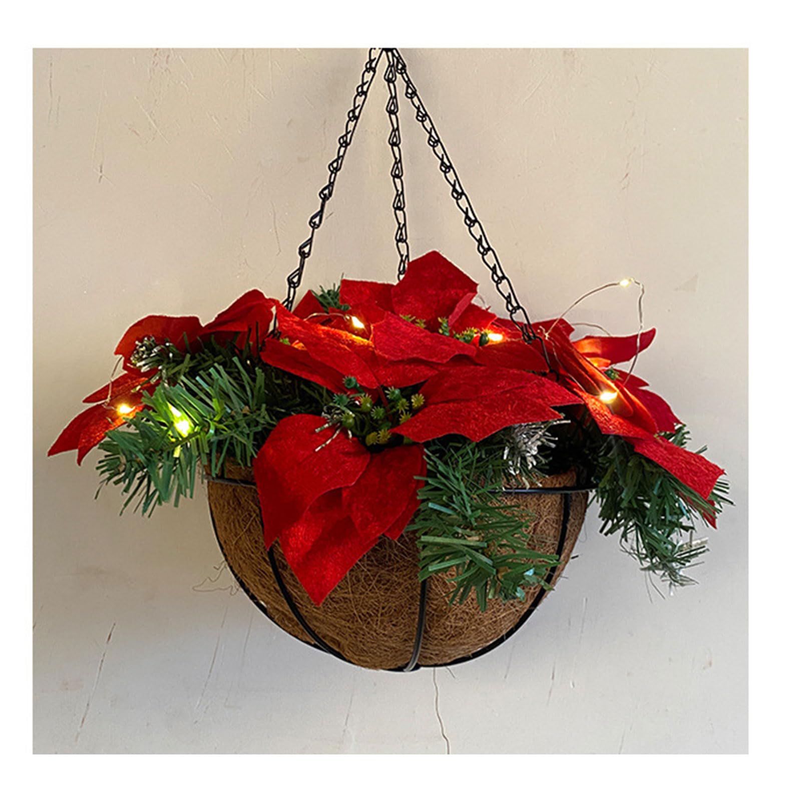 Festive LED Artificial Poinsettia Floral Arrangement Hanging Basket Red Flowers For Home Christmas Decoration Red Flowers For Christmas Decor