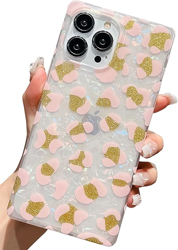 KERZZIL Funda de lujo con patrón de leopardo de nácar para iPhone 13 Pro Max, con borde cuadrado, lindo polvo dorado brillante brillante para