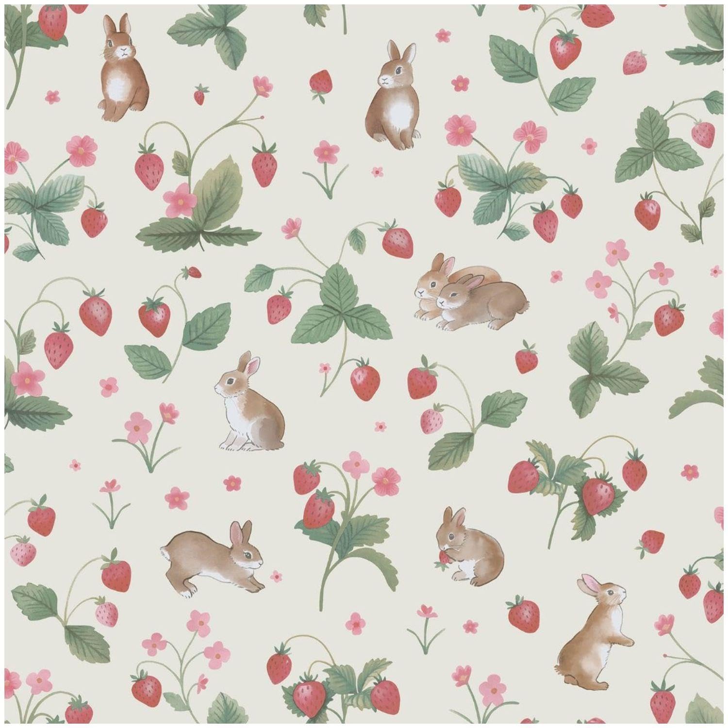 Yöl Cream Bunnies Berries Multi Wallpaper - Washable Paste The Paper - Contemporary Versatile - Kids Bedroom Nursery - Feature Statement Wall - Animal Print Botanical - Playful