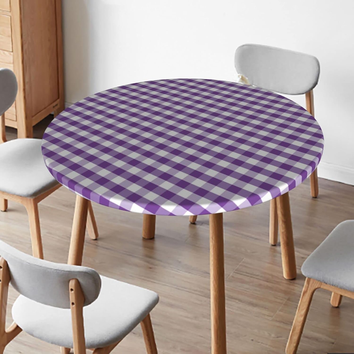 Checkered Round Tablecloth,Table Cover for Indoor Outdoor Party Waterproof Oil-Proof Stain-Resistant,Round Fitted Table Cover with Elastic Edges,Purple White- Fits Tables to 36″ - 44”