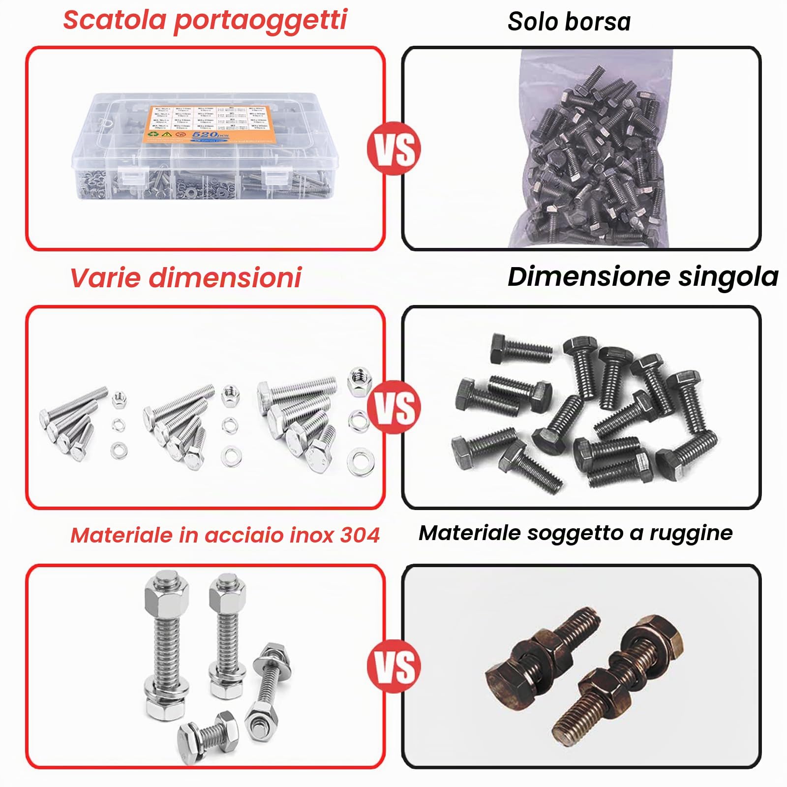 Set di 520 viti e dadi esagonali M3/M4/M5/M6, assortimento di viti con dadi, set di dadi esagonali in acciaio inox, para reparaciones