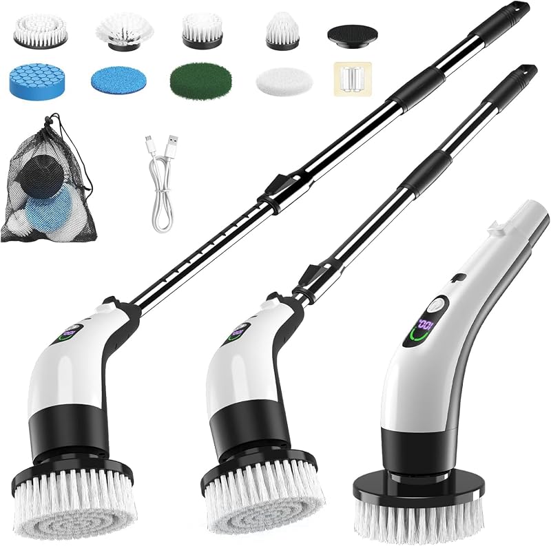 Fregadora giratoria eléctrica para baño y ducha, cepillo de limpieza eléctrico | Inalámbrico, resistente al agua IPX7. 2 velocidades y batería de 90 min, 8 cabezales. El mango extensible le protege la espalda para una limpieza profunda de bañeras y azulejos