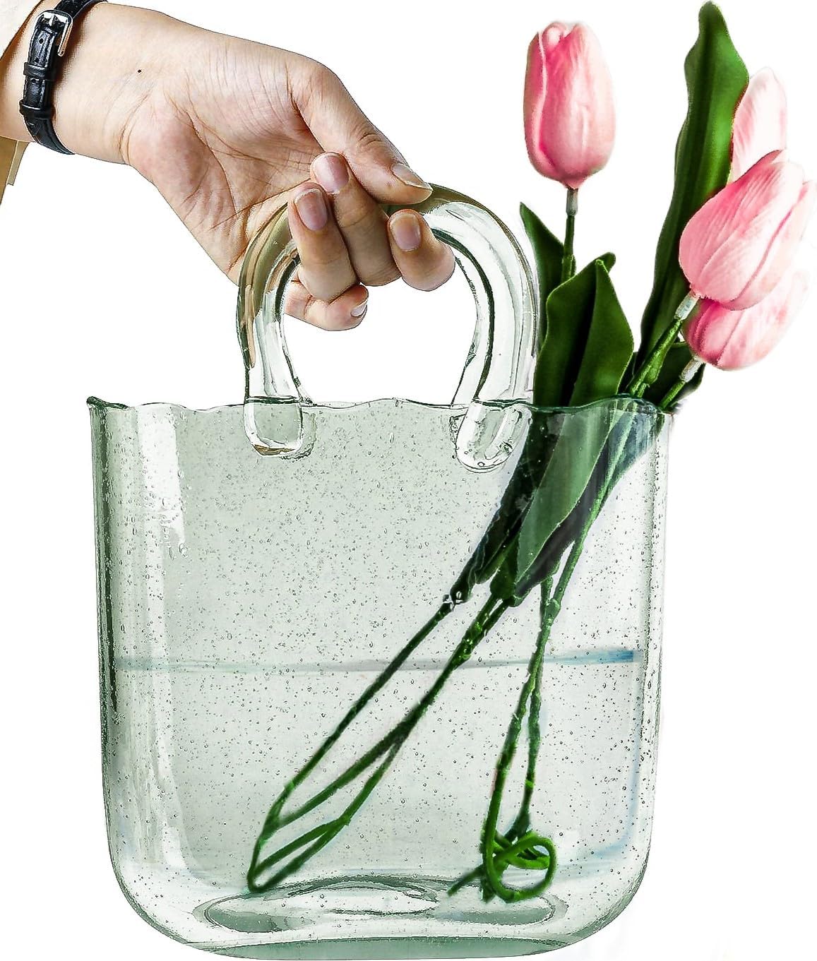 OLEEK Purse vase for Flowers (Handmade) Green Glass Bag