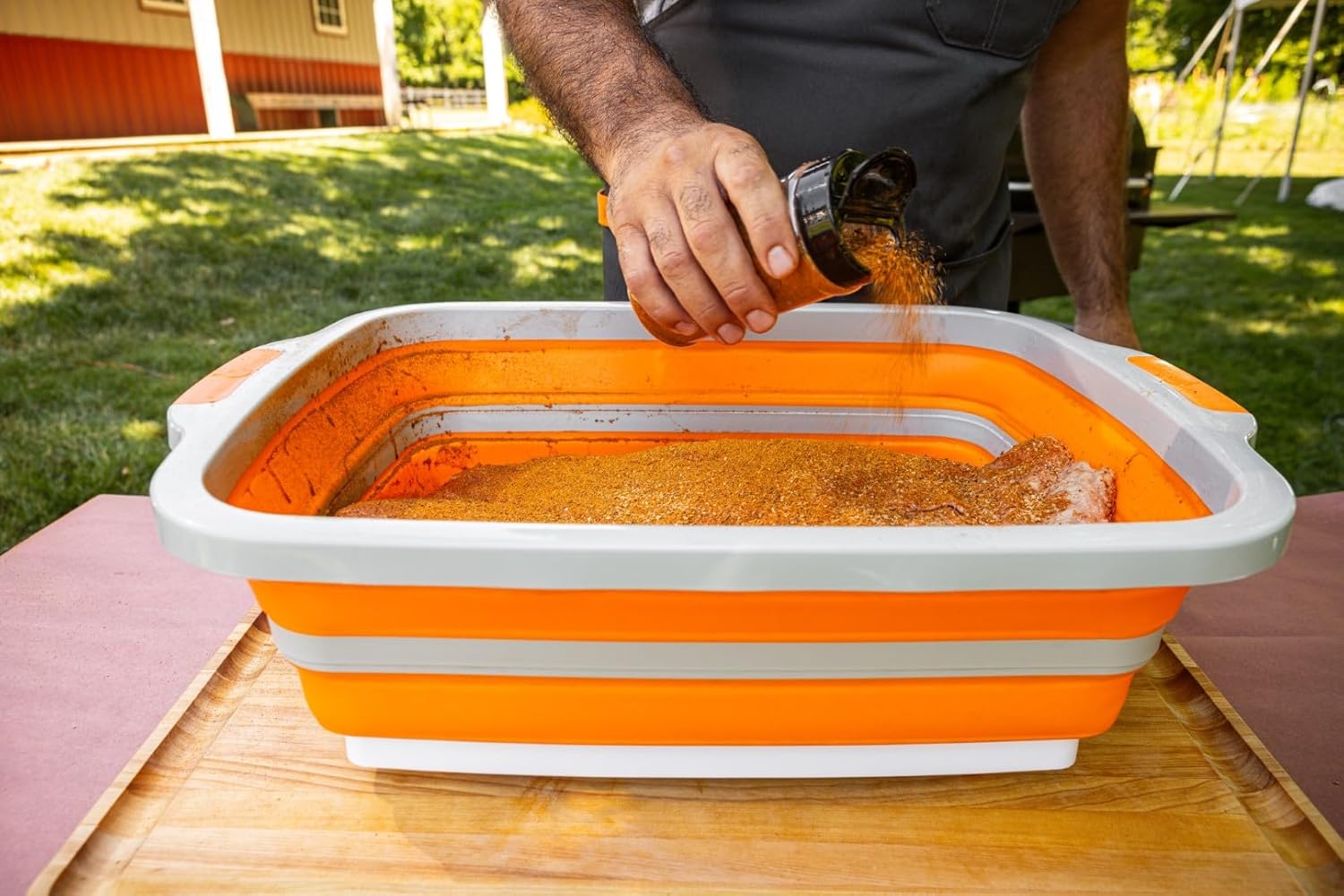 Asado Collabsible XL BBQ Prep Tub w/Cutting Board, Colander & Lid - Great for Tailgating, Barbecue, Meal Prep and Food Storage (Black)