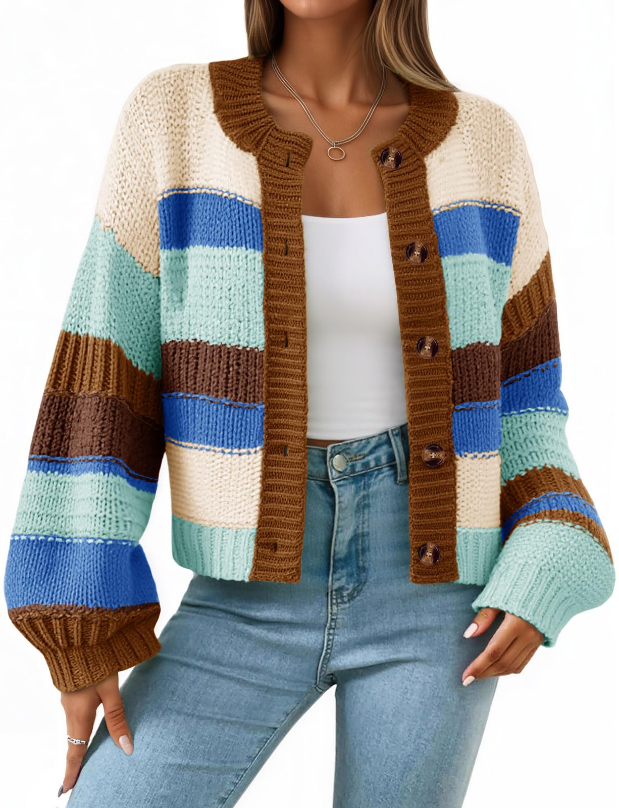 Saodimallsu Womens Striped Chunky Cardigan Sweaters Button Up Fall Trendy Color Block Long Sleeve Knit Sweater Coats