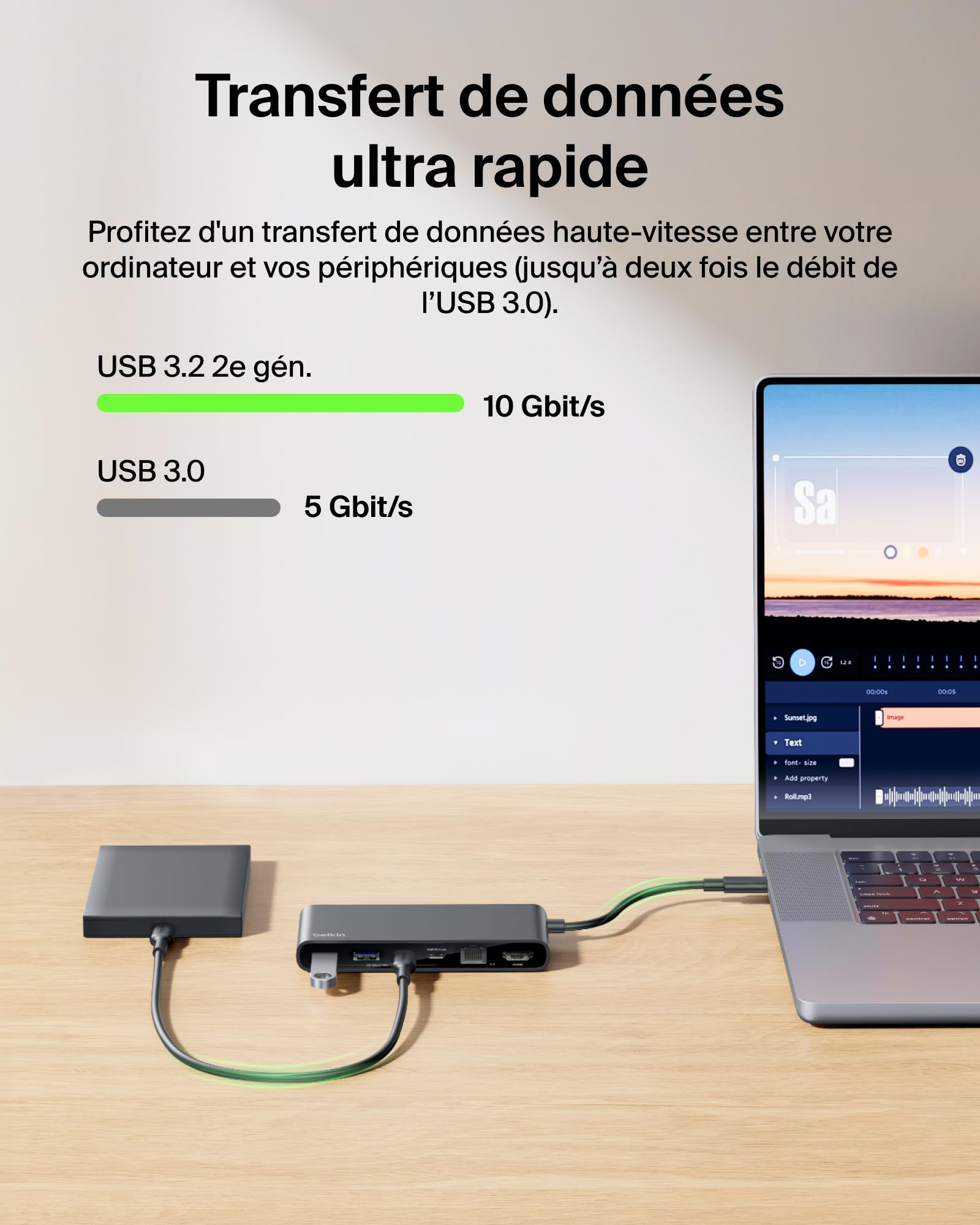 Belkin Connect Hub USB C 8-en-1, Prise en Charge De La Résolution 4K à 60 Hz, Fonctionne avec Mac, Windows, Chromebook, PD de 100 W, Transfert De Données De 10 Gbit/s, Ethernet De 2,5 Gbit/s - Noir