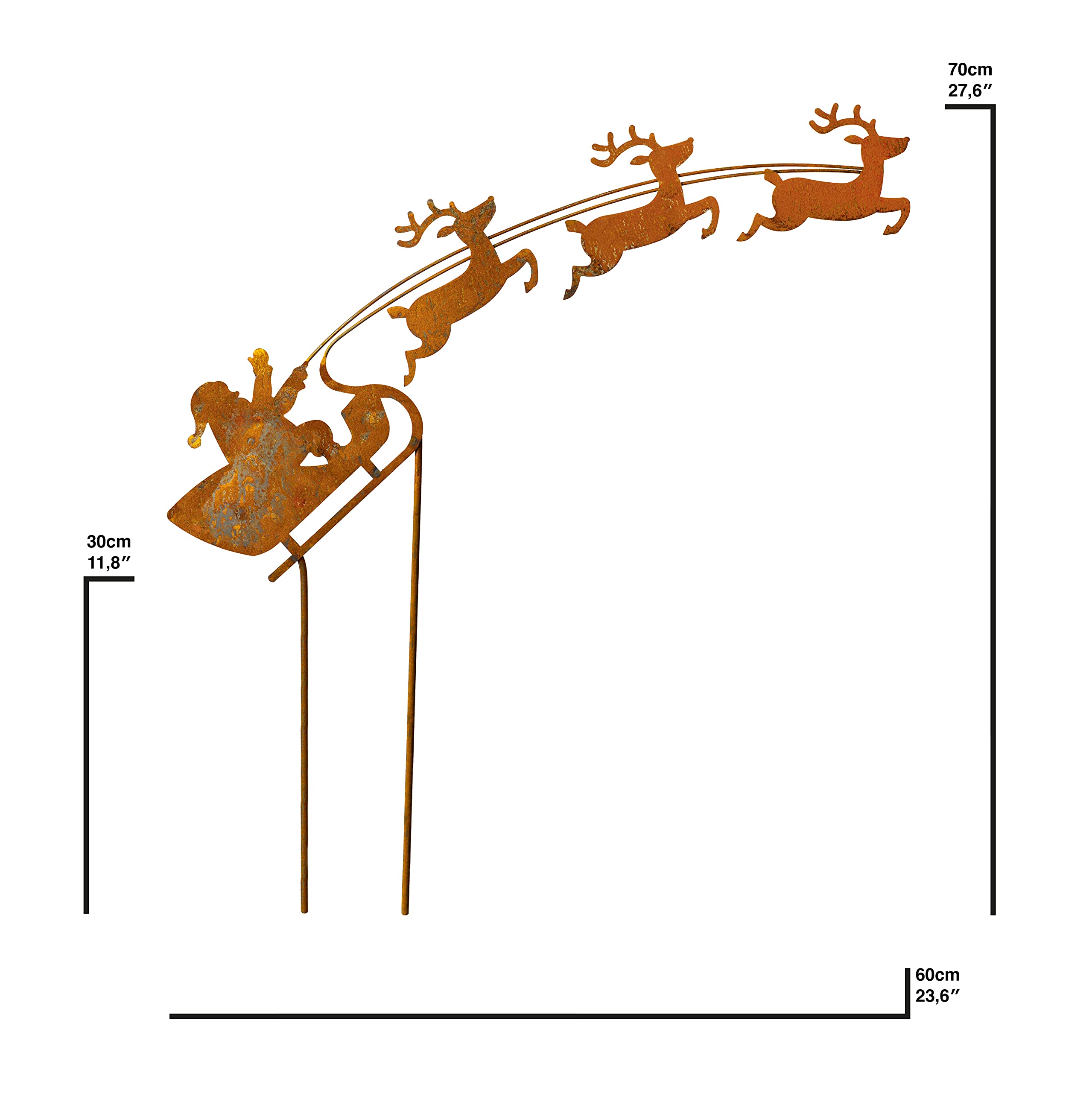 Babbo Natale Su Slitta, Decorazione Da Giardino In Metallo Arrugginito, Lunghezza 32 Cm, Altezza 14 Cm, Per Esterno