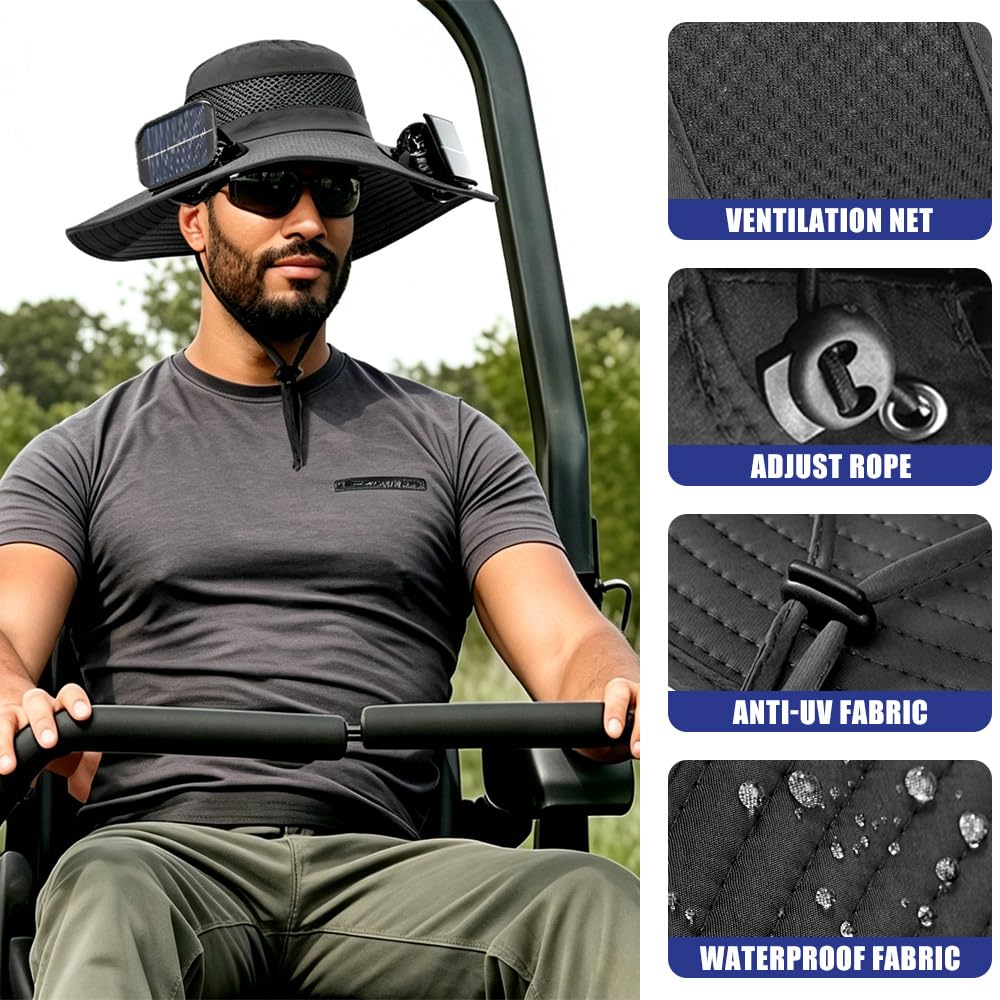 Chapeau de Soleil, Chapeau de Pêche avec 2 Ventilateur Solaire, Chapeau de Fan Solaire à Bord Large, Générique Chapeau de Fan Solaire pour Activités de Plein Air comme la Randonnée Jardinage