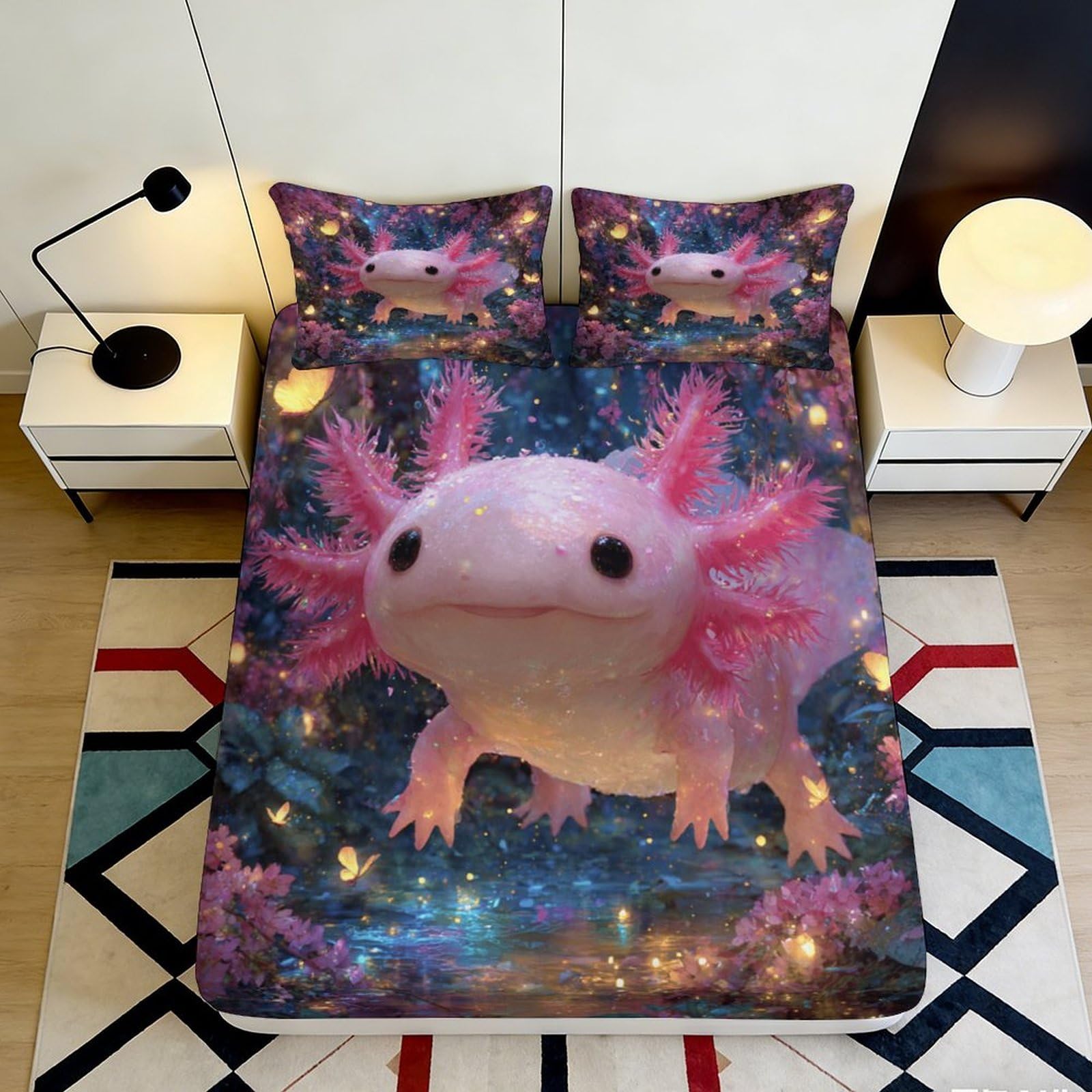 3D Printed Pink Axolotl Fitted Sheet Microfiber Soft Breathable Underwater Fantasy Bed Cover for Bedroom Dorm Mattress Protection Decor 90x200x25cm