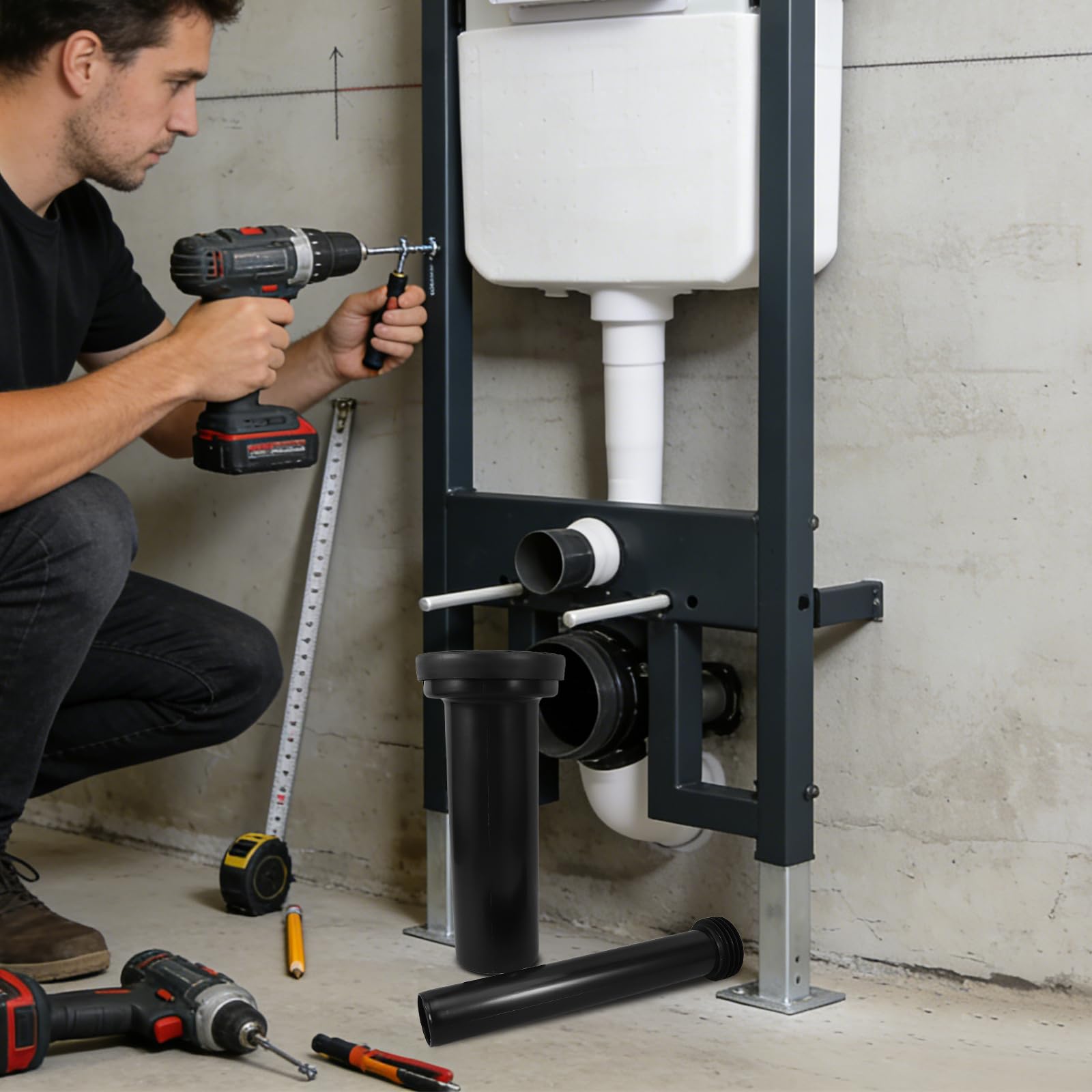 Tubo di Drenaggio per Cassetta Wc Montato a Parete in Plastica Nera Installazione Salvaspazio per Bagno, Parte per Serbatoio Water