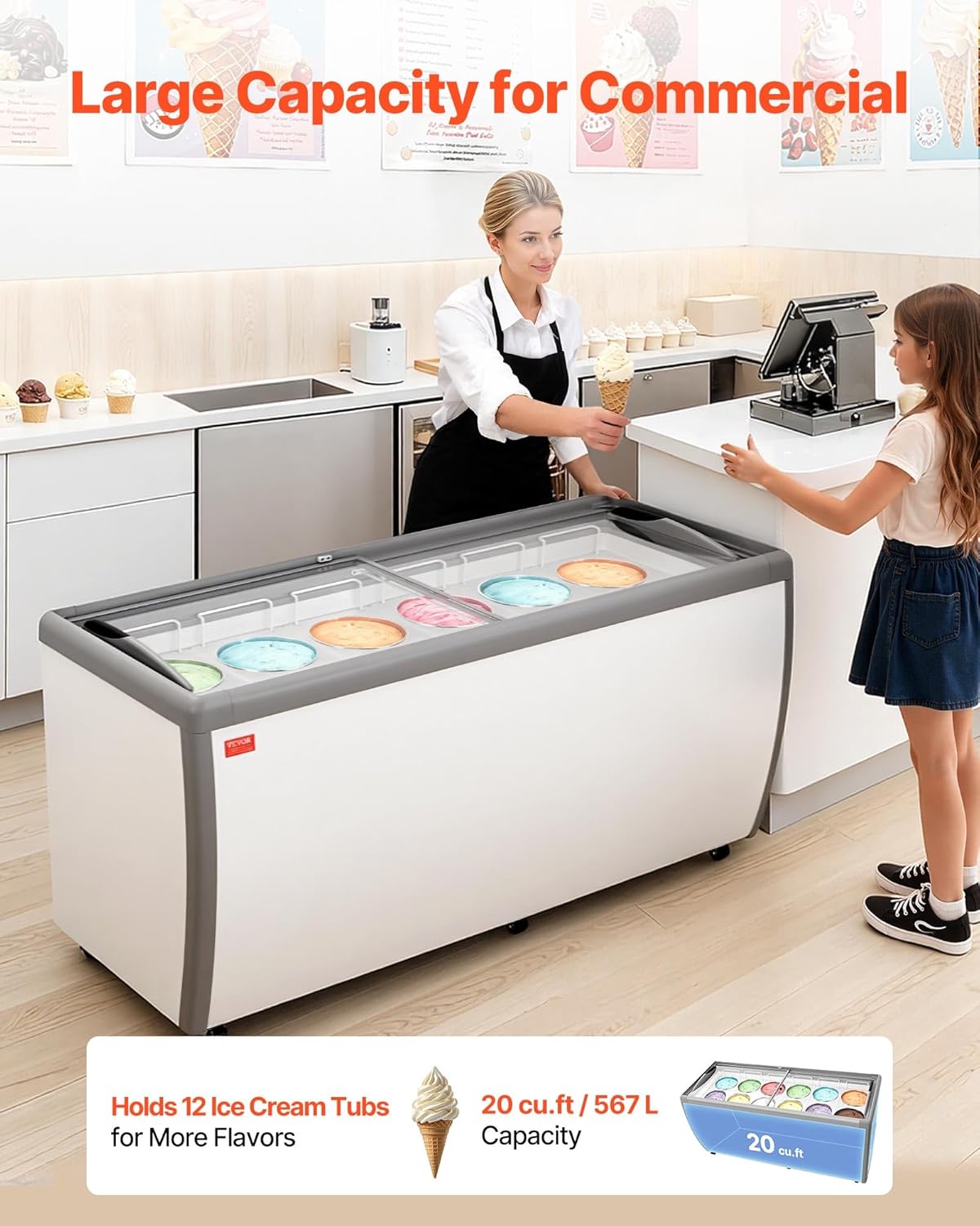 VEVOR Commercial Ice Cream Display Case, 20 Cu.ft Chest Freezer, Restaurant Gelato Dipping Cabinet Top Deep Freezer with Locking Casters, Sliding Glass Door, LED Lighting, Hold 12 Ice Cream Tubs