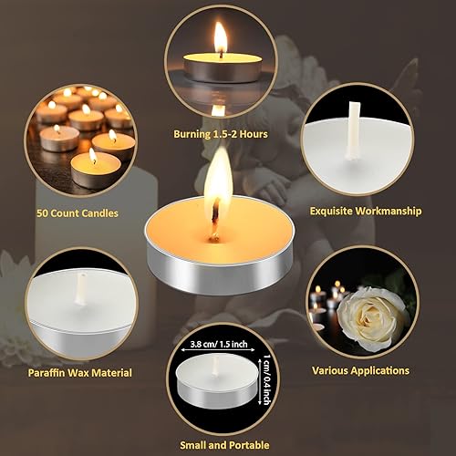 Miniatura 10 de Juego de 50 velas funerarias blancas conmemorativas sin perfume, regalos funerarios, velas con tarjetas de condolencia y bolsas de organza para