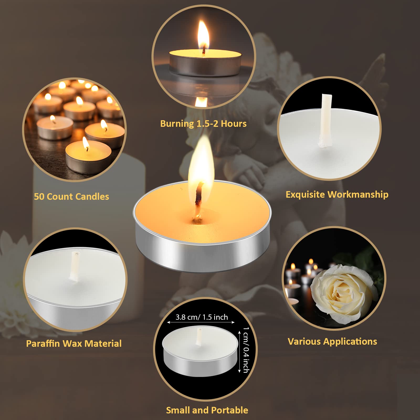 50 Set Funeral Party Favors Memorial White Candles Unscented Funeral Gifts Tealight Candles with Condolence Bereavement Cards and Organza Bags for Guest Celebration of Life Decorations (Elegant)