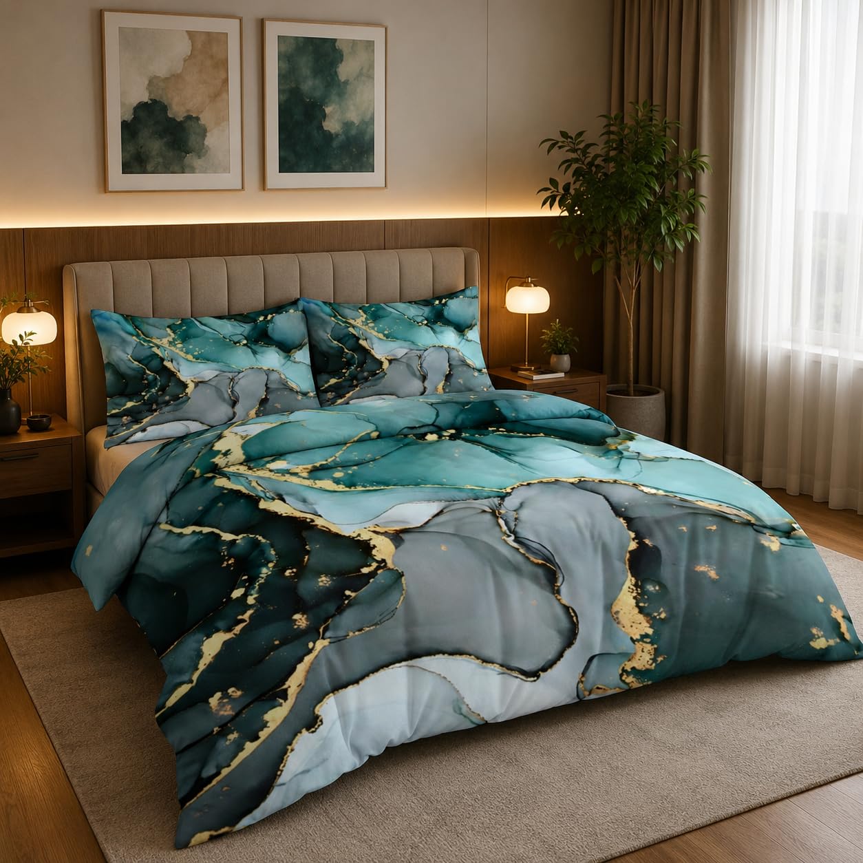 Marble Print Comforter Bedding Set, Teal, Grey and Gold | Abstract Art Design, 3-Piece Set, with Pillow Covers, Bedroom Decor, Fluid Ink Pattern-picture-27