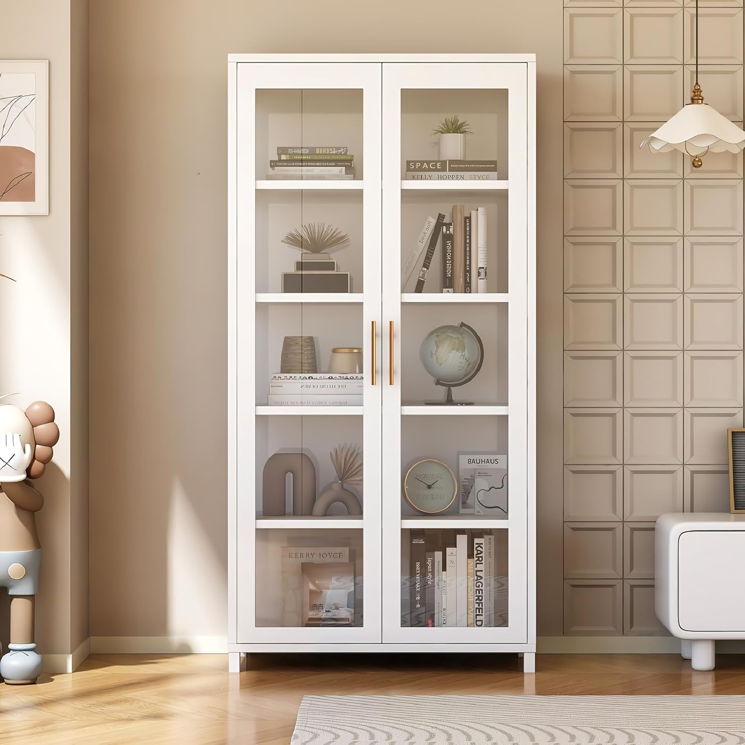 Glass Display Cabinet, 5-Tier Curio Cabinet with Glass Doors, Metal Display Case with Adjustable Shelves, Display Cabinet for Collectibles & Toy Organizer for Home, Office, Playroom, Living Room