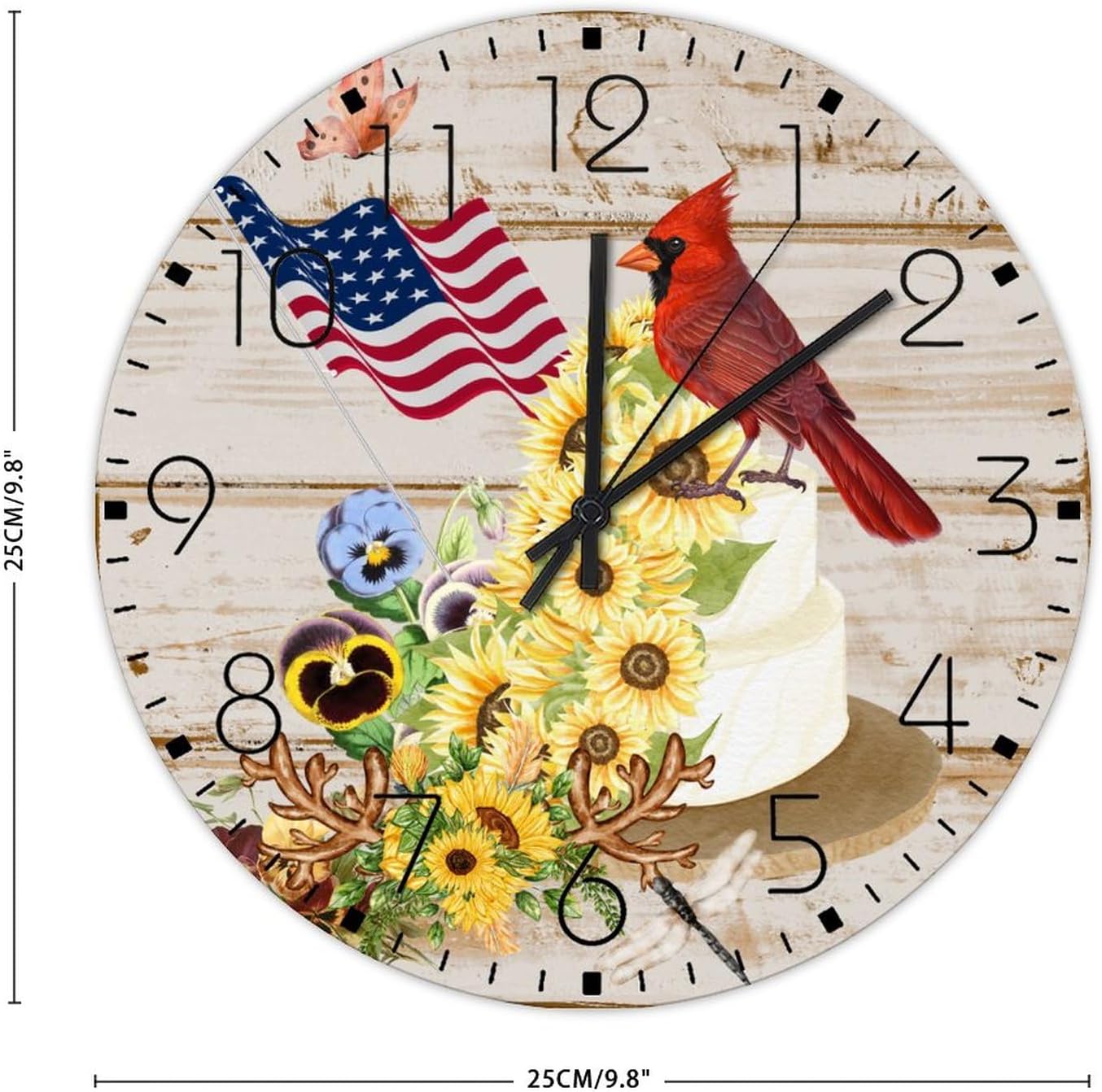 Wood Wall Clock Battery Operated Non Ticking Analog 4th of July Patriotic Sunflower Cardinal Vintage Wall Clocks US Flag Fourth of July Wooden Wall Decor for Fitness Room Garage Daycare 10 Inch