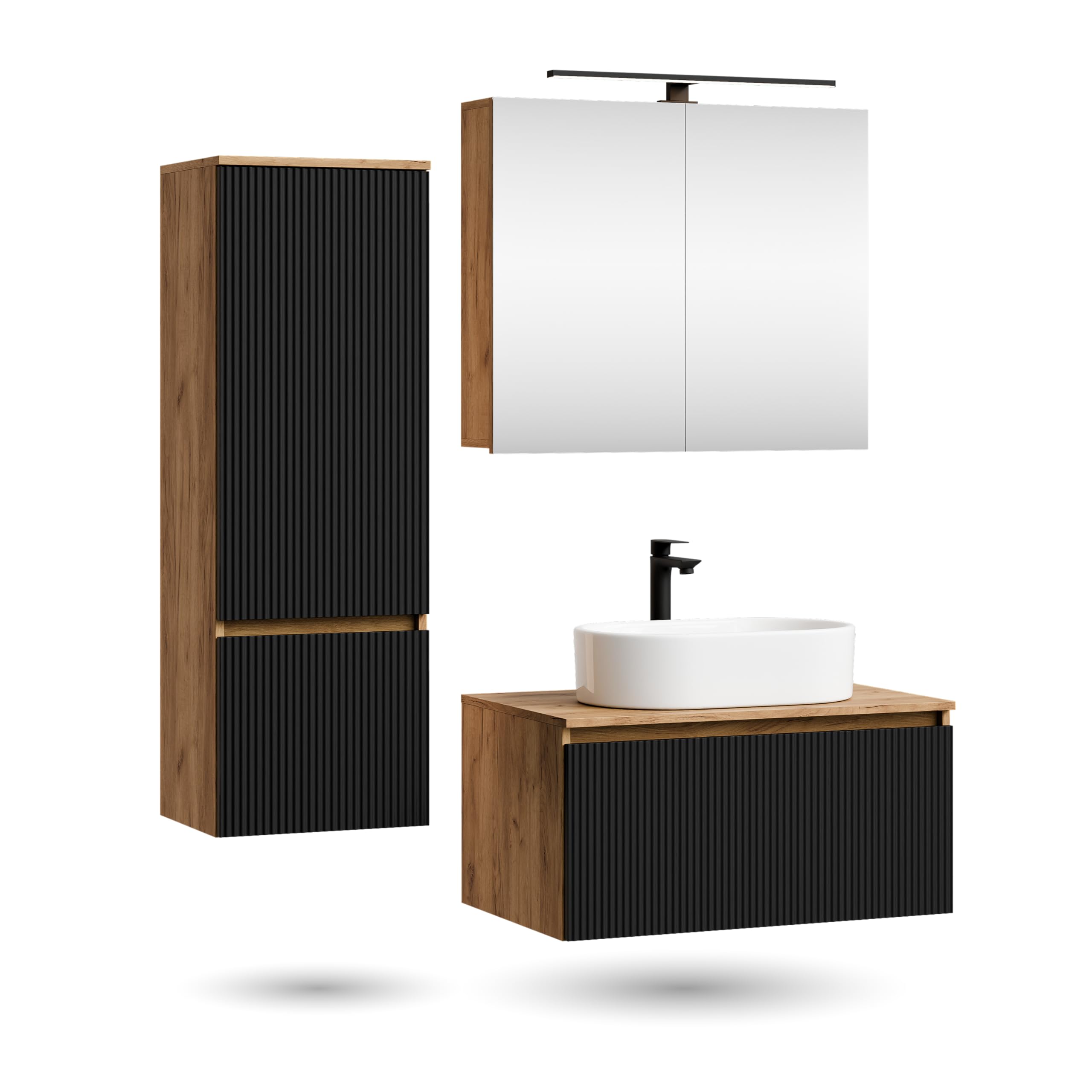 Planetmöbel Arisa - Juego de muebles de baño con armario bajo (80 cm, roble dorado y negro estriado) con armario ARIA con espejo y armario alto, lavabo de 55 cm, color blanco, incluye sifón para